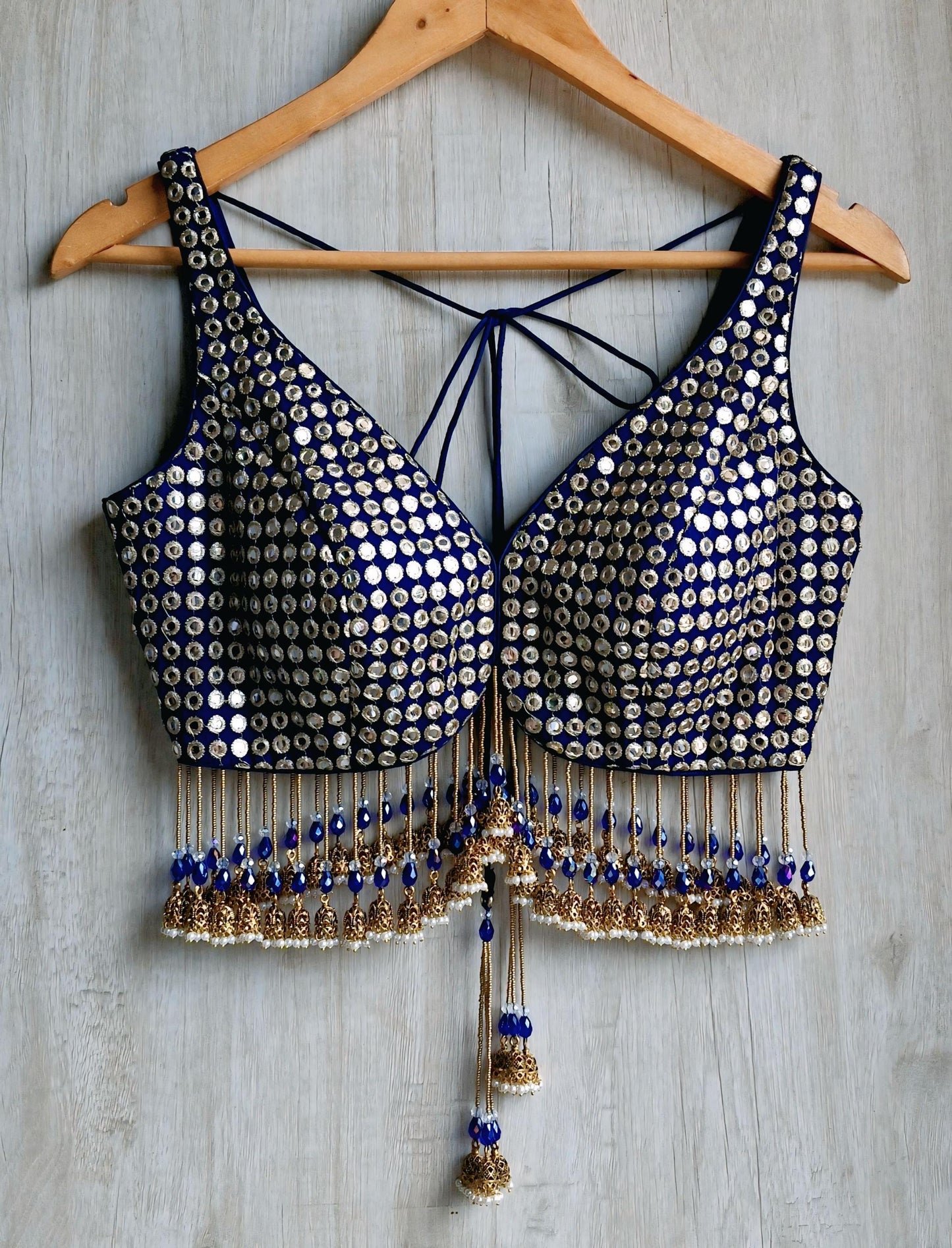 Deep Blue Embroidered Georgette Deep V Neck Blouse, Jhumka Fringes