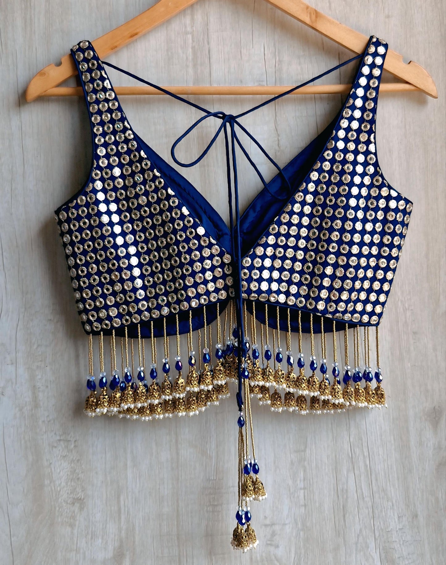 Deep Blue Embroidered Georgette Deep V Neck Blouse, Jhumka Fringes