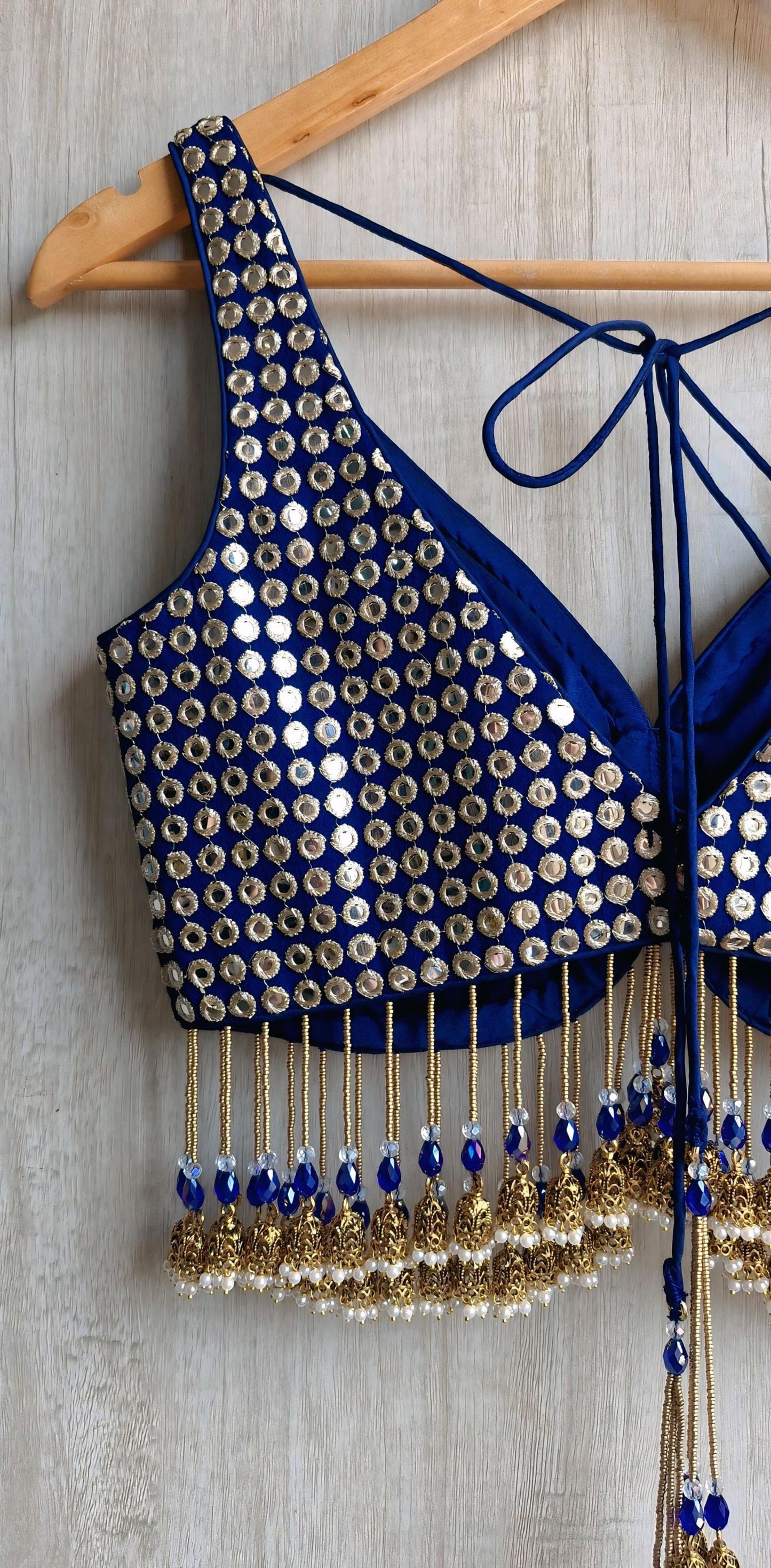 Deep Blue Embroidered Georgette Deep V Neck Blouse, Jhumka Fringes