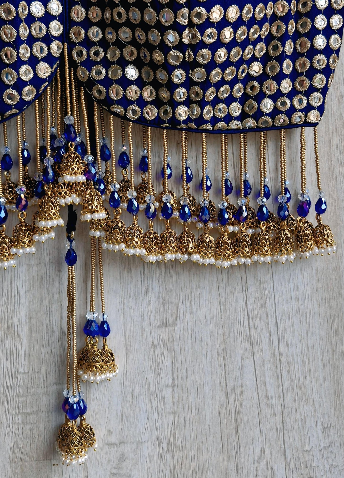 Deep Blue Embroidered Georgette Deep V Neck Blouse, Jhumka Fringes