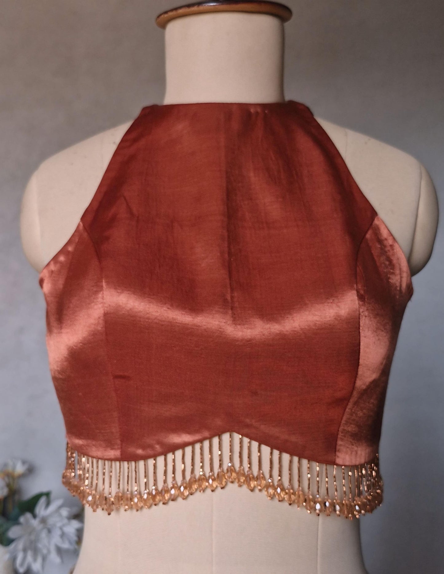 Dark Rust Gajji Silk Blouse, Jewel Neck, Backless