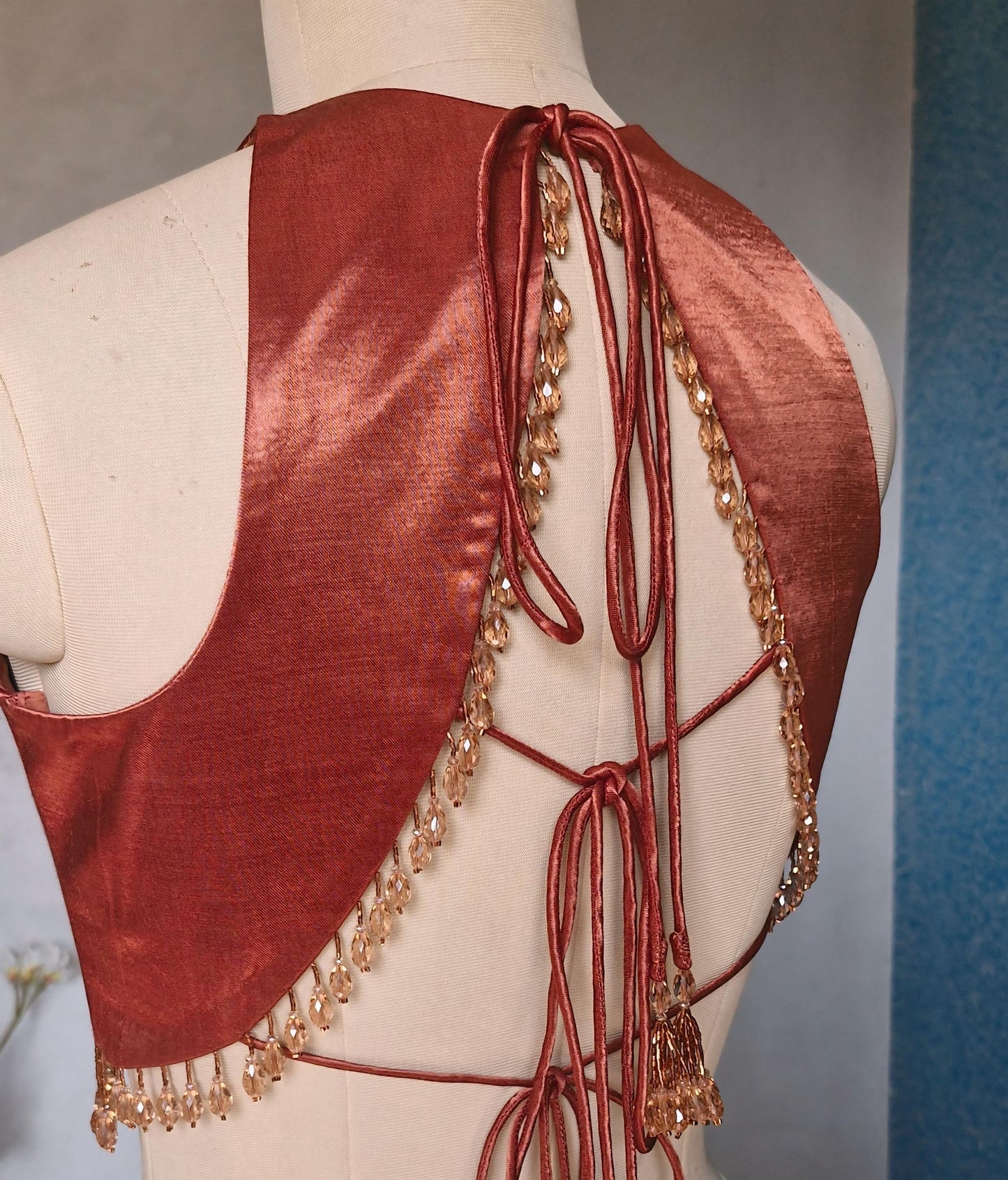 Dark Rust Gajji Silk Blouse, Jewel Neck, Backless