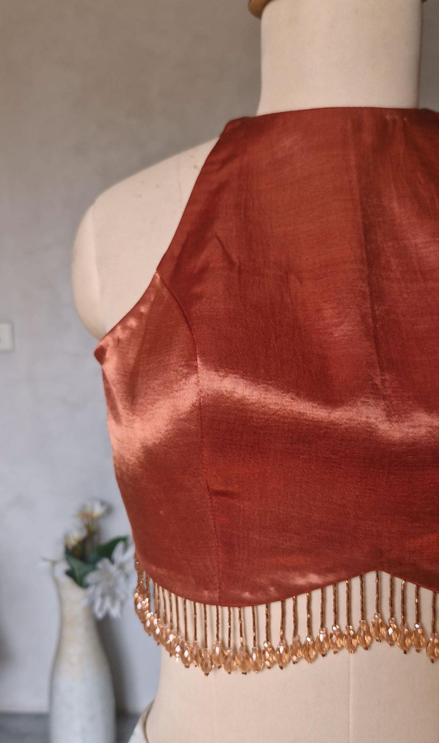 Dark Rust Gajji Silk Blouse, Jewel Neck, Backless