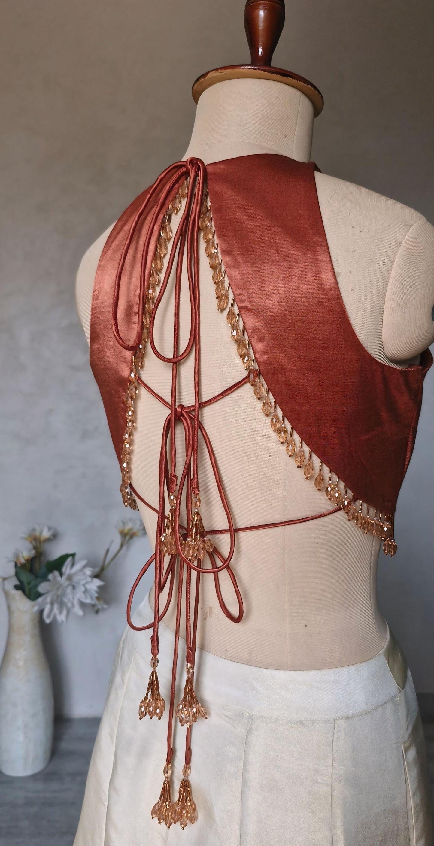 Dark Rust Gajji Silk Blouse, Jewel Neck, Backless