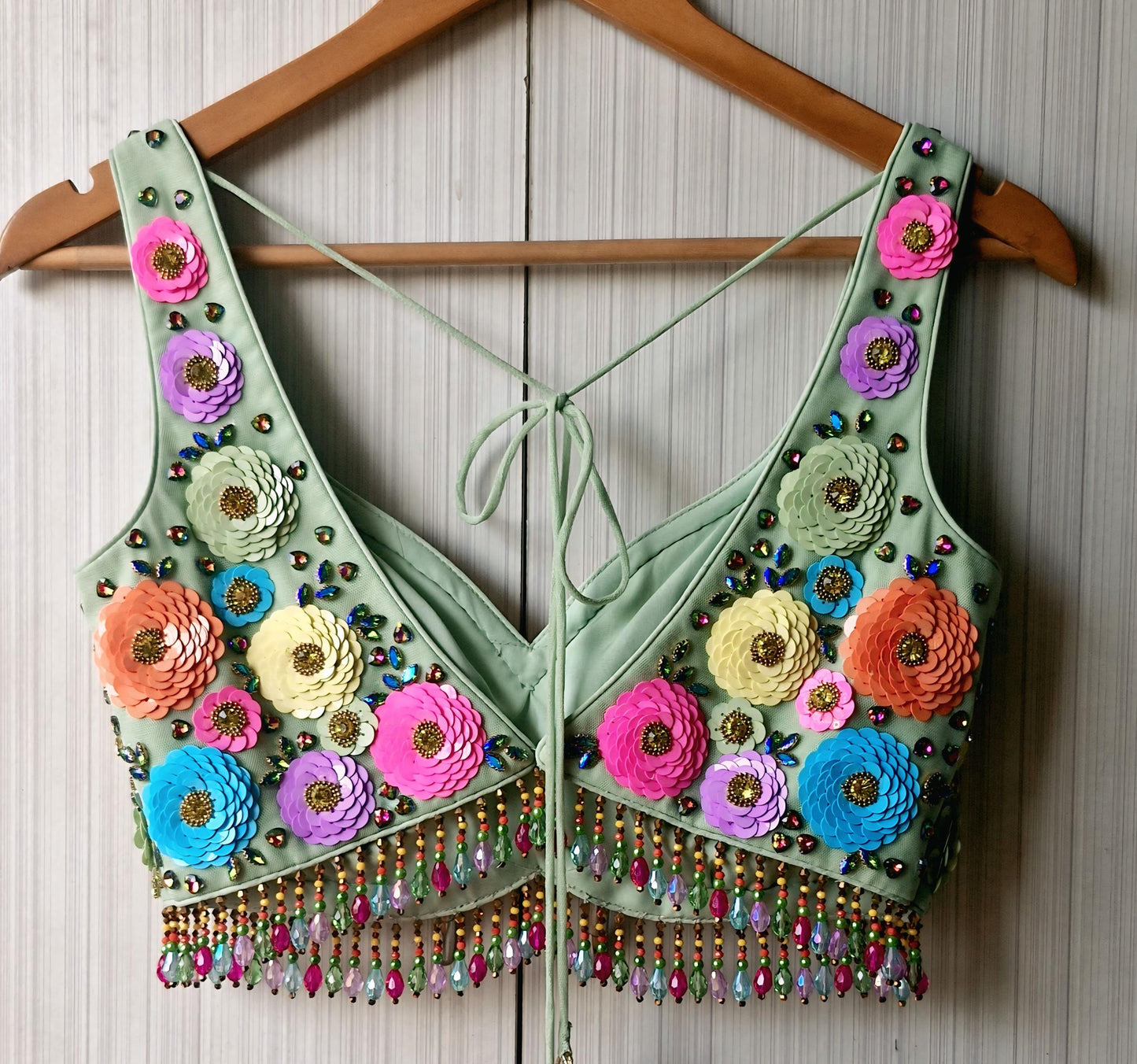 Hand Embroidered Mint Green Blouse, Multicolor Floral, Deep Sweetheart Neck