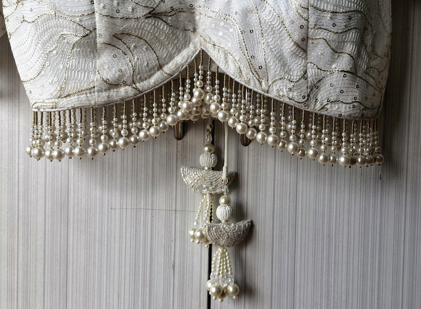Ivory Embroidered Georgette Blouse, Pearls Fringes, Elbow Sleeves