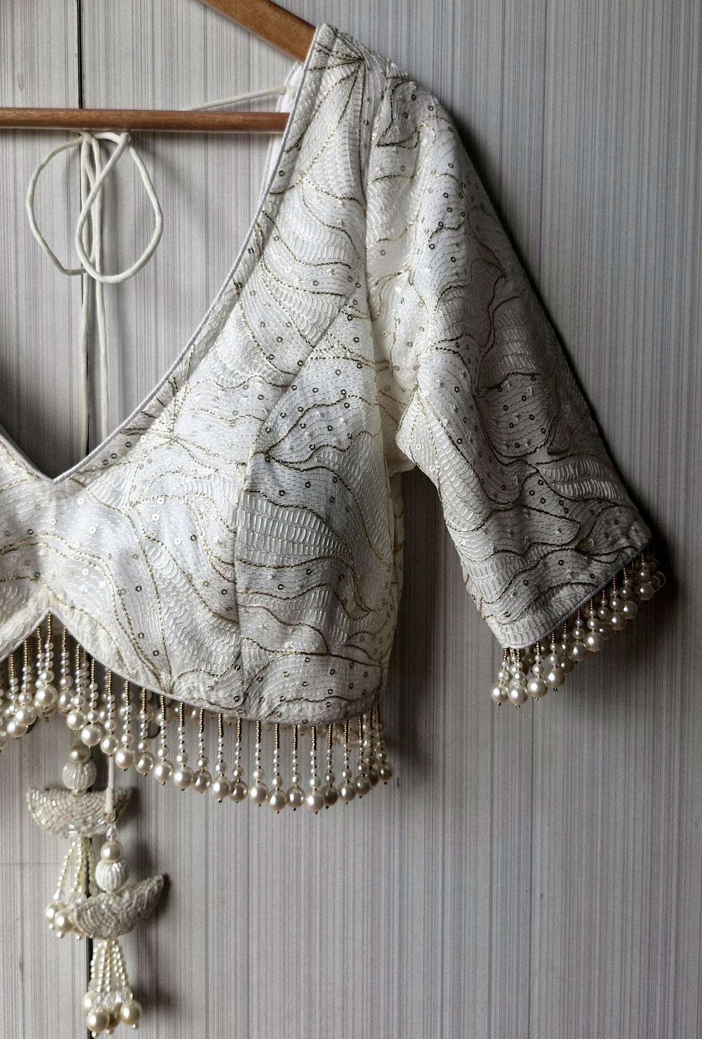 Ivory Embroidered Georgette Blouse, Pearls Fringes, Elbow Sleeves
