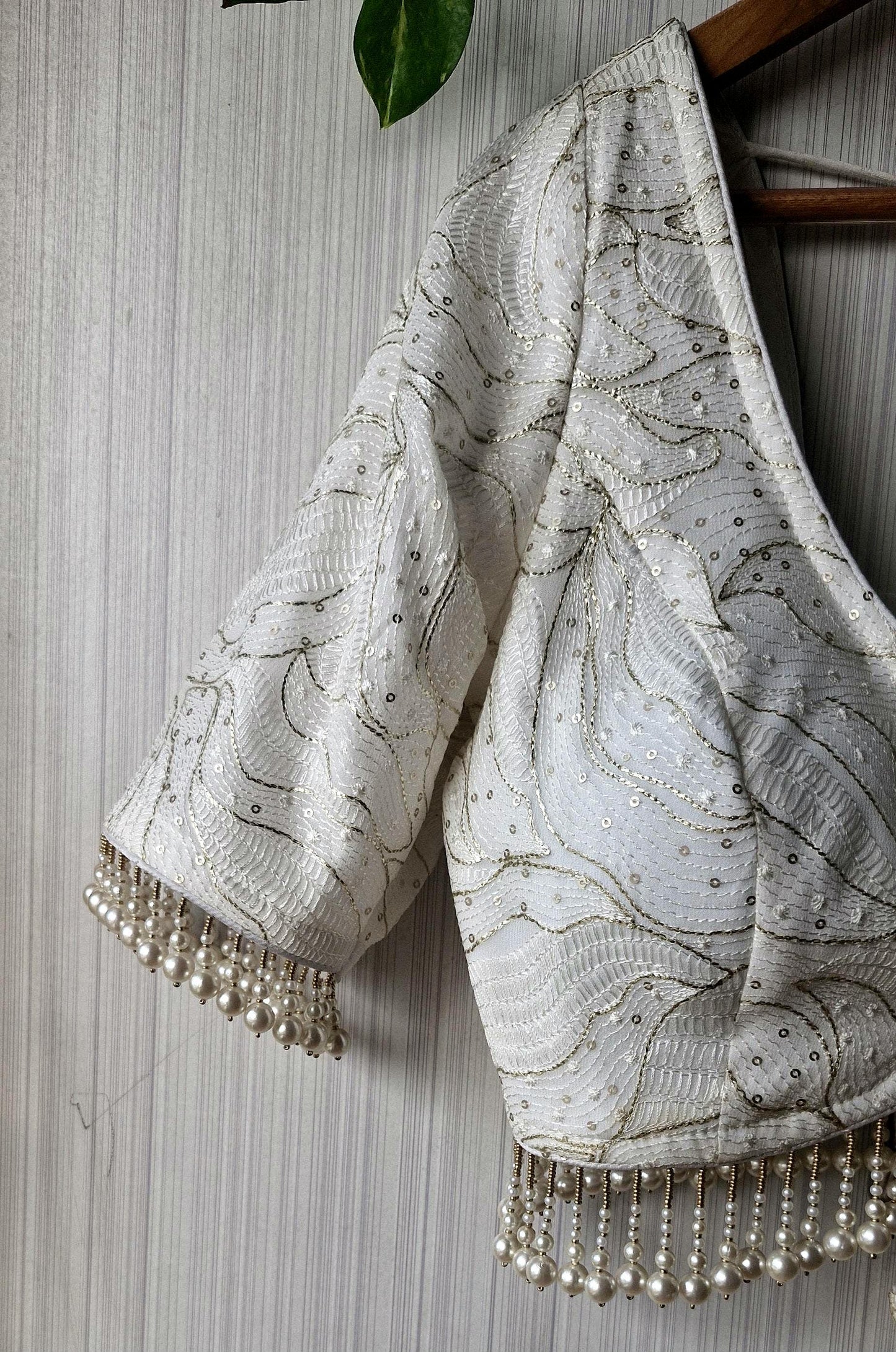 Ivory Embroidered Georgette Blouse, Pearls Fringes, Elbow Sleeves