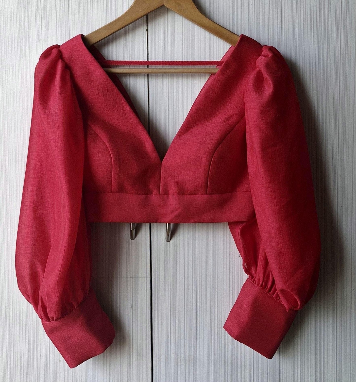 Raspberry Pink Art Silk Blouse, Balloon Sleeves V Neck
