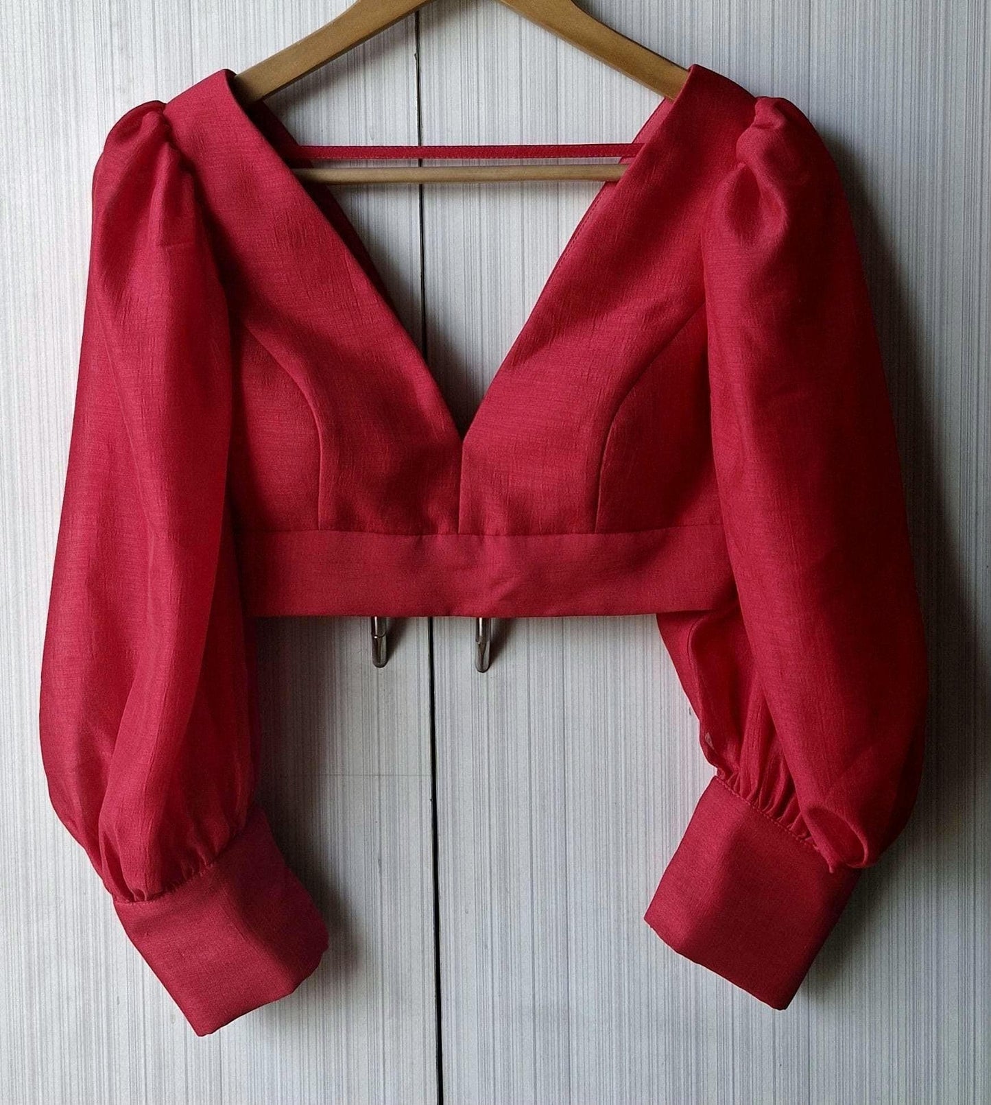 Raspberry Pink Art Silk Blouse, Balloon Sleeves V Neck