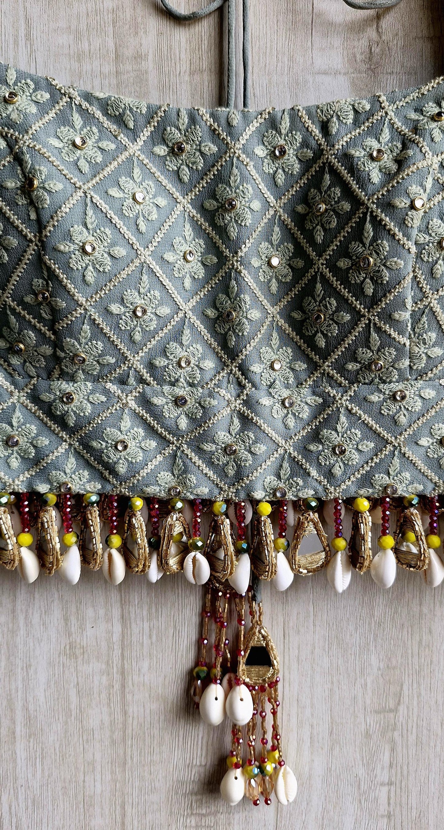 Sage Grey Embroidered Georgette Blouse, Beads Fringes, Cap Sleeves