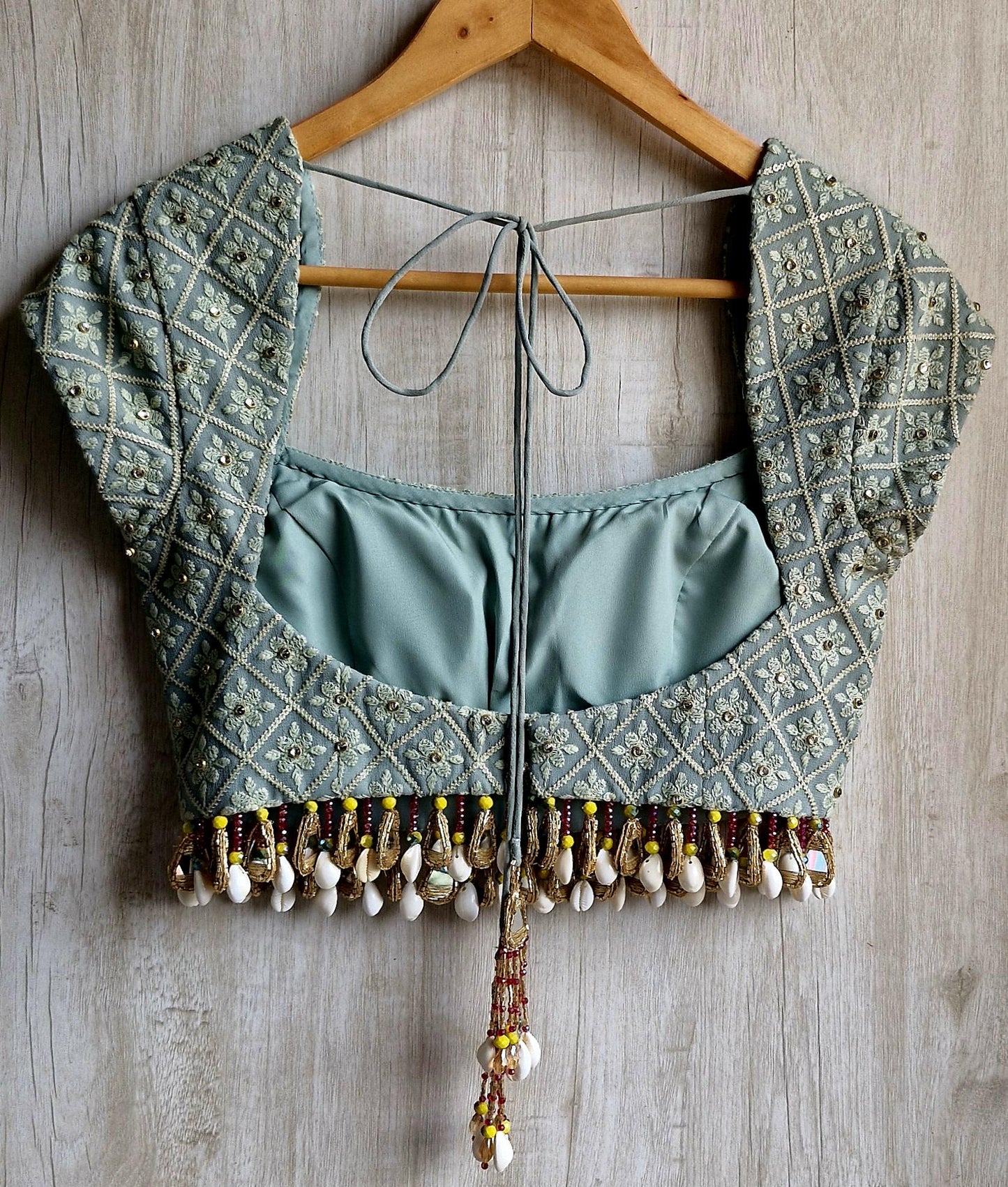Sage Grey Embroidered Georgette Blouse, Beads Fringes, Cap Sleeves