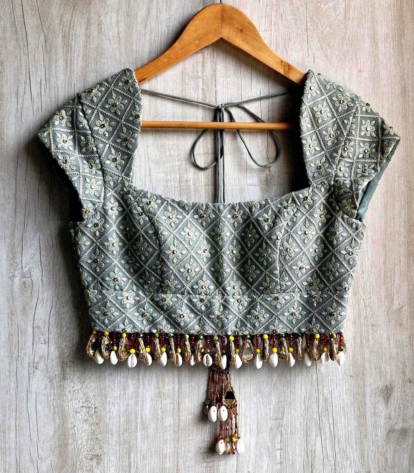 Sage Grey Embroidered Georgette Blouse, Beads Fringes, Cap Sleeves