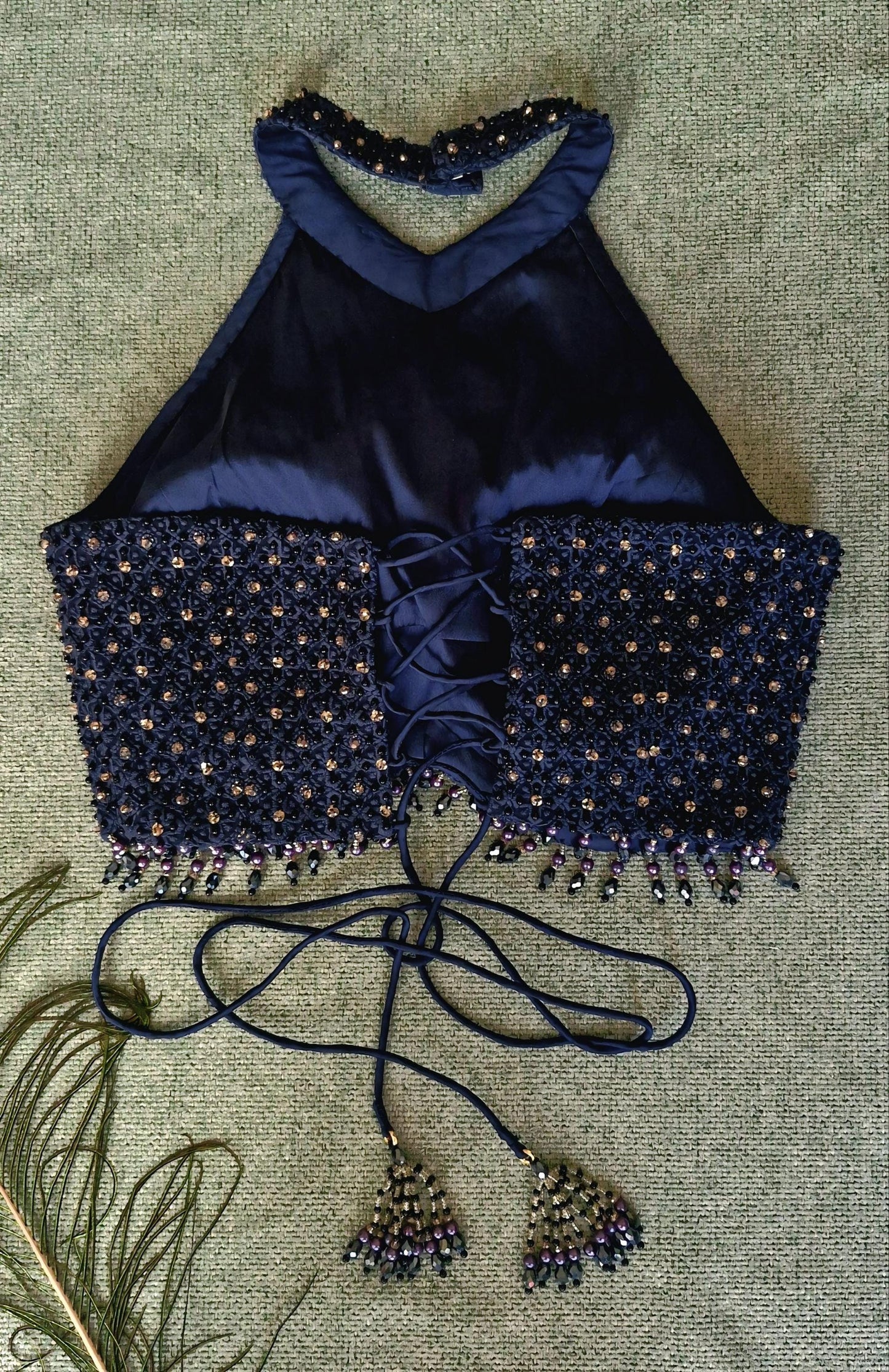 Navy Blue Hand Embroidered Georgette Blouse, Beads Embellished, Halter