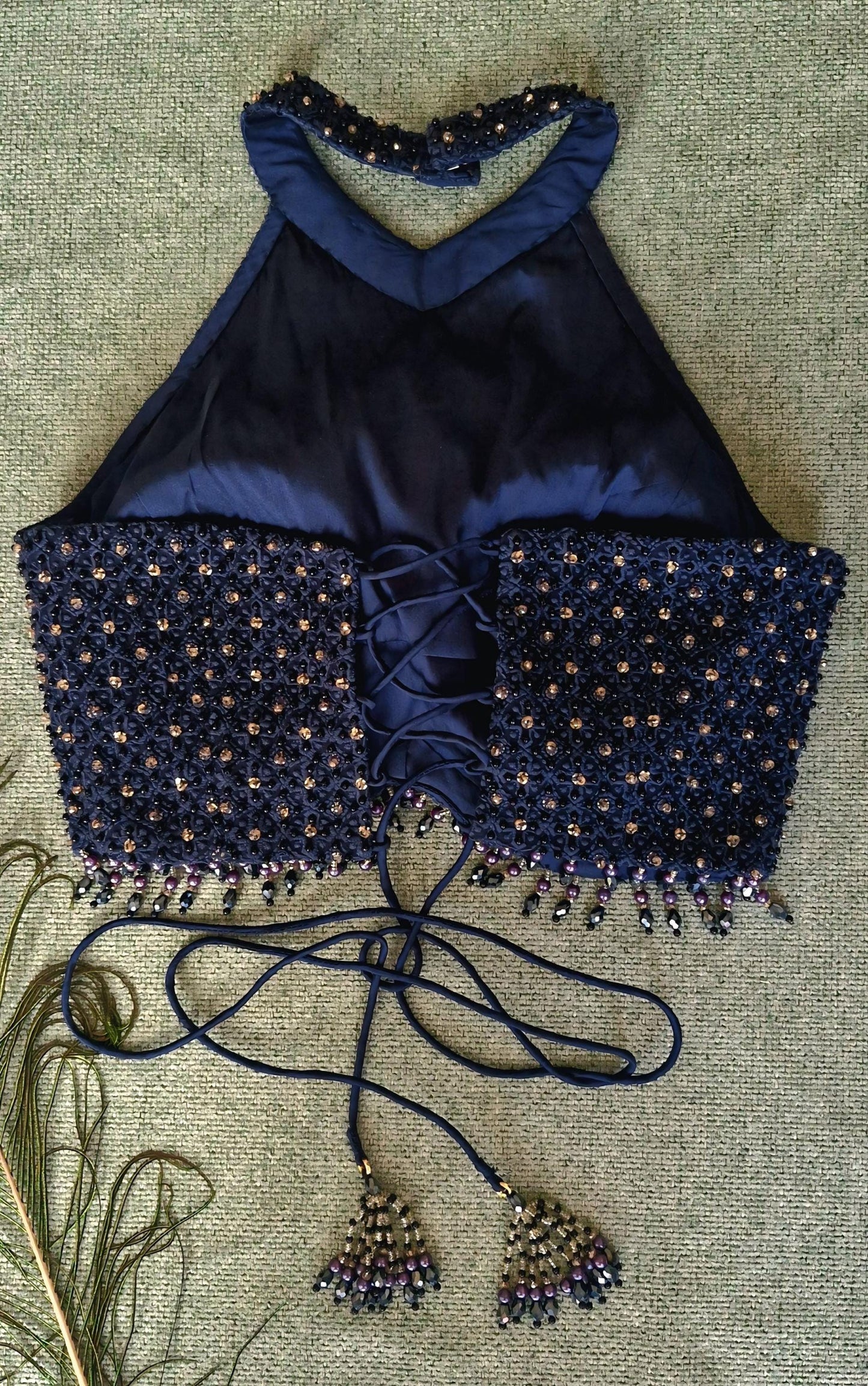 Navy Blue Hand Embroidered Georgette Blouse, Beads Embellished, Halter