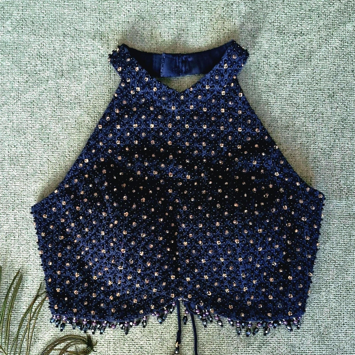 Navy Blue Hand Embroidered Georgette Blouse, Beads Embellished, Halter
