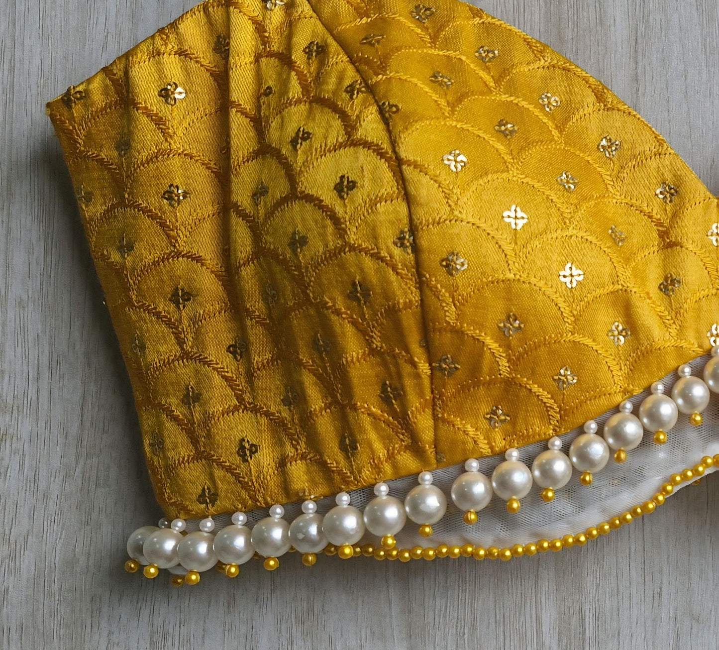 Mustard Embroidered Silk Blouse, Pearl Fringes Spaghetti Bralette