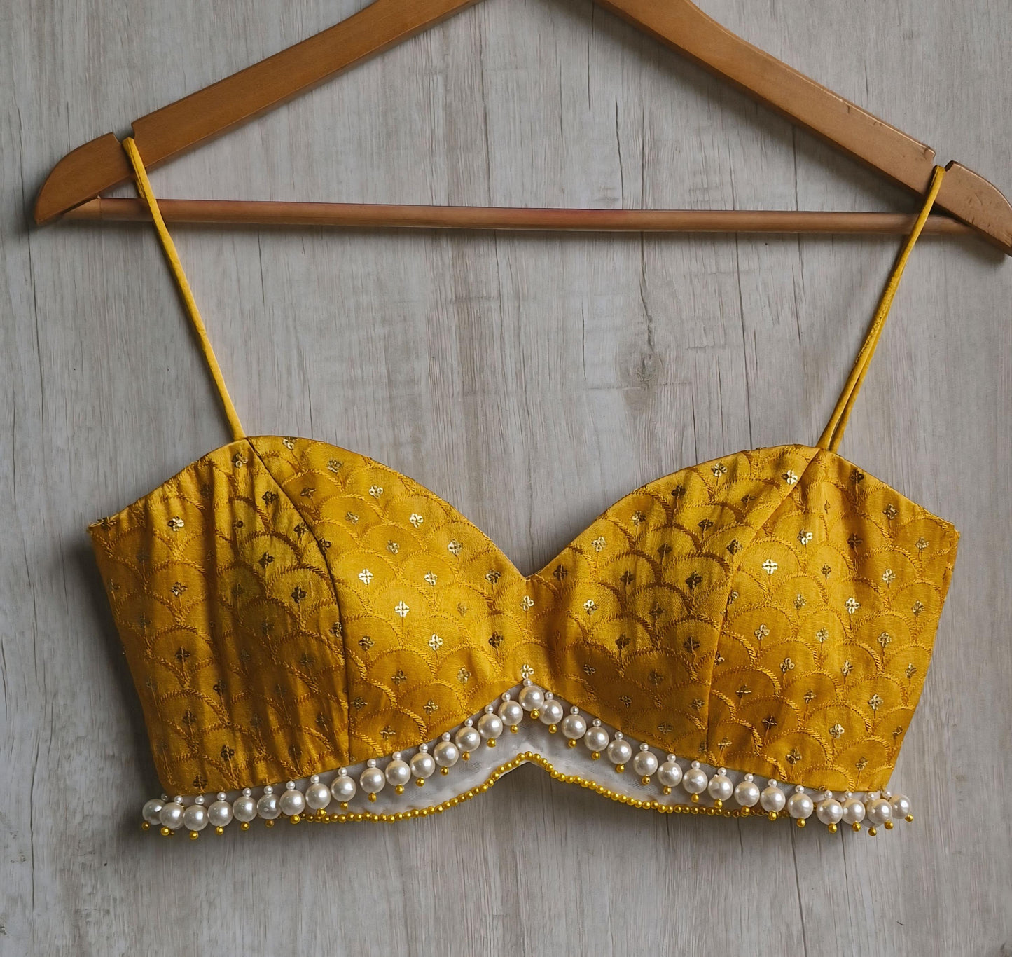 Mustard Embroidered Silk Blouse, Pearl Fringes Spaghetti Bralette