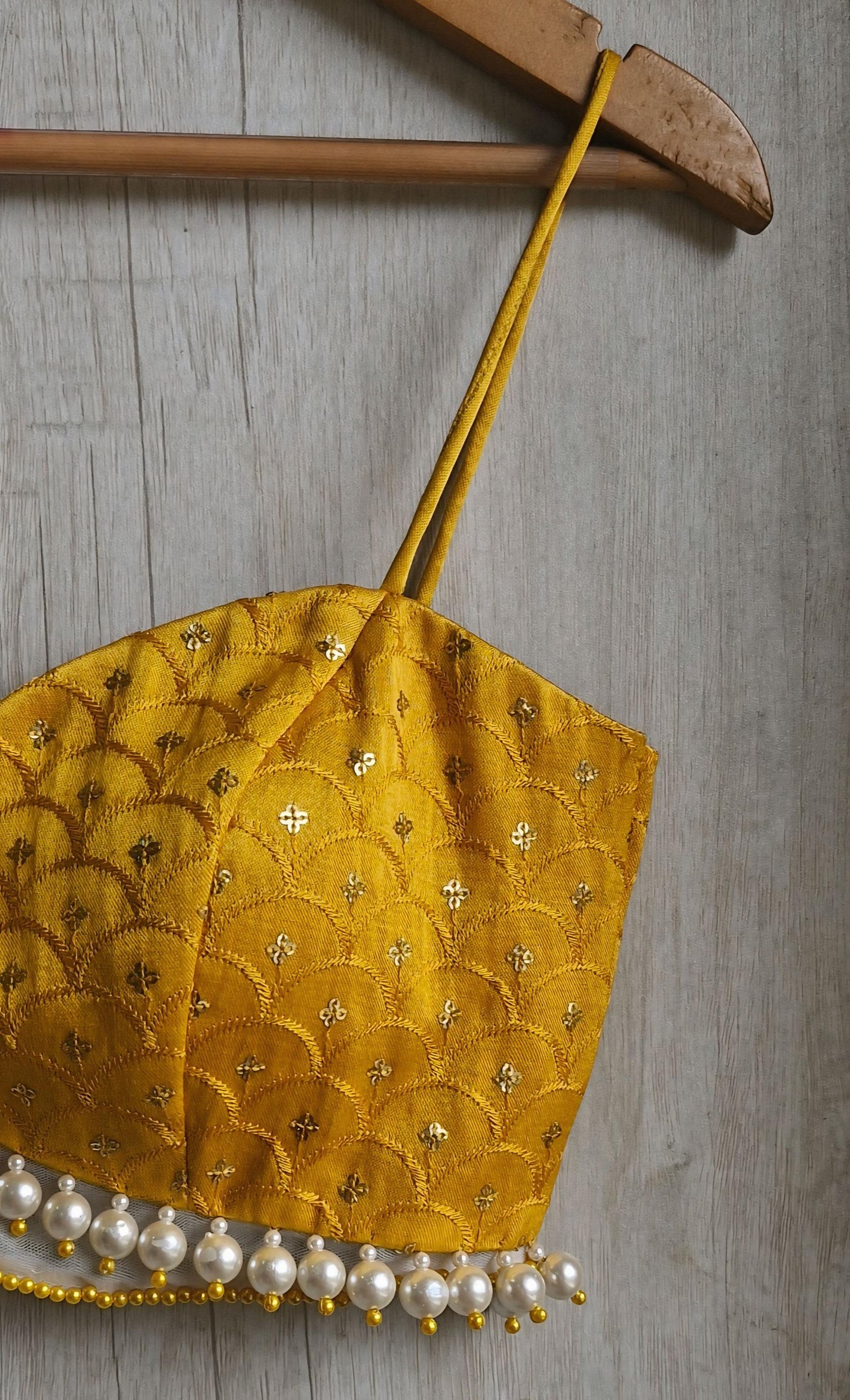 Mustard Embroidered Silk Blouse, Pearl Fringes Spaghetti Bralette