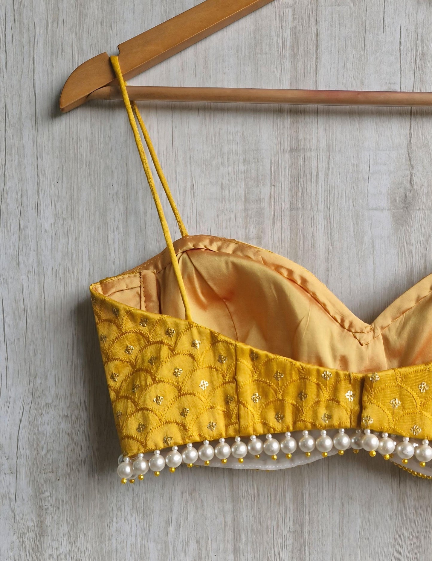 Mustard Embroidered Silk Blouse, Pearl Fringes Spaghetti Bralette