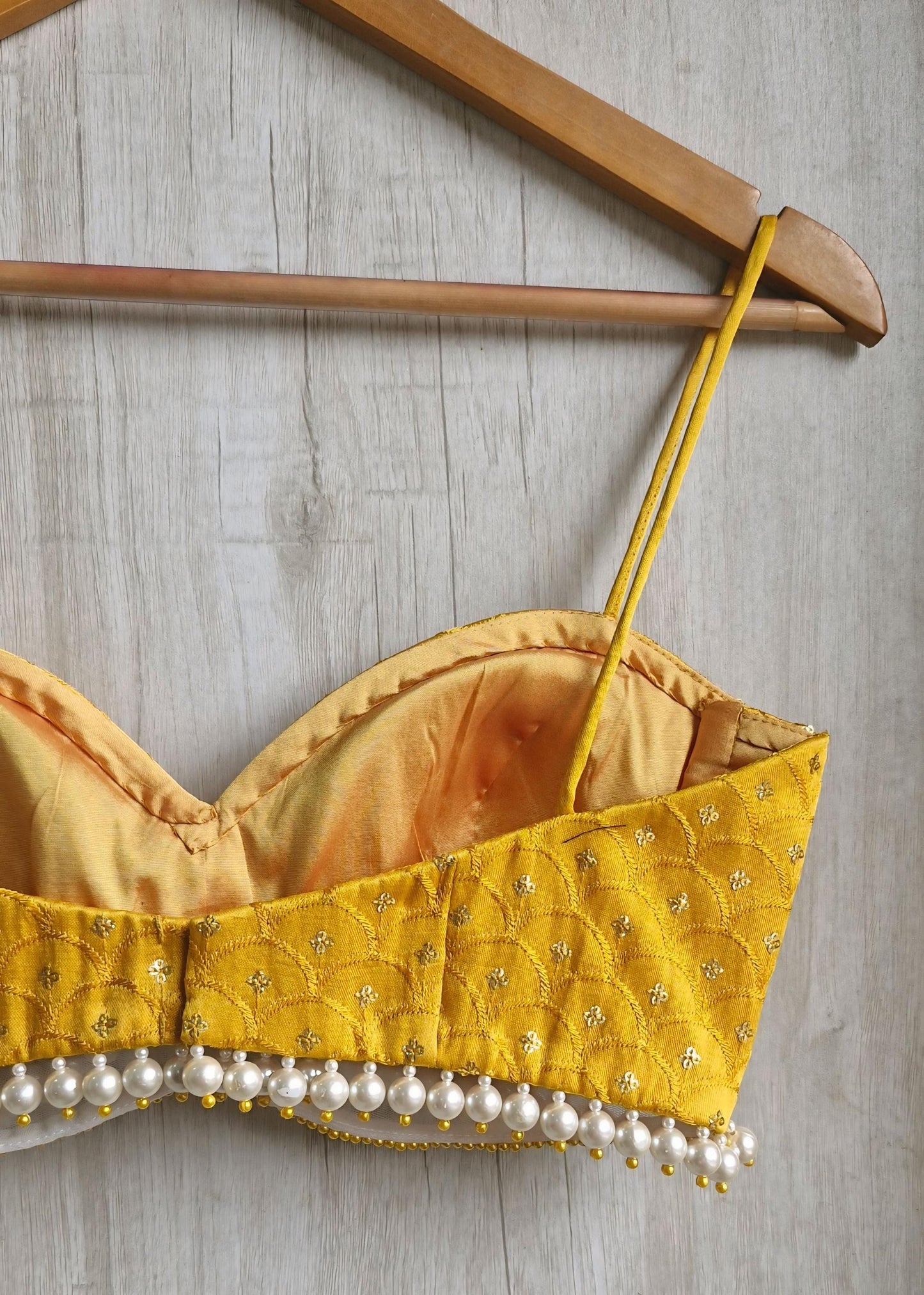 Mustard Embroidered Silk Blouse, Pearl Fringes Spaghetti Bralette