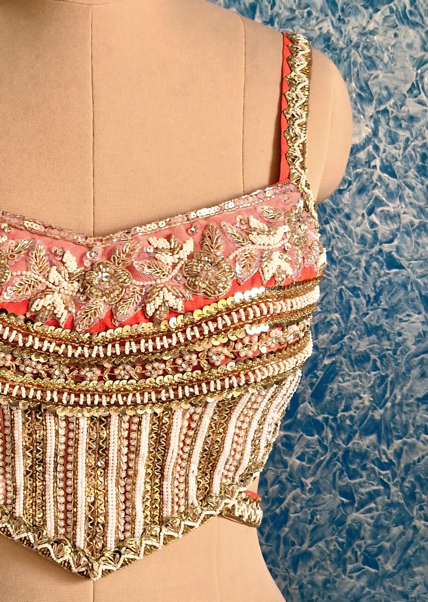Hand Embroidered Coral Raw Silk Blouse, Sleeveless Backless