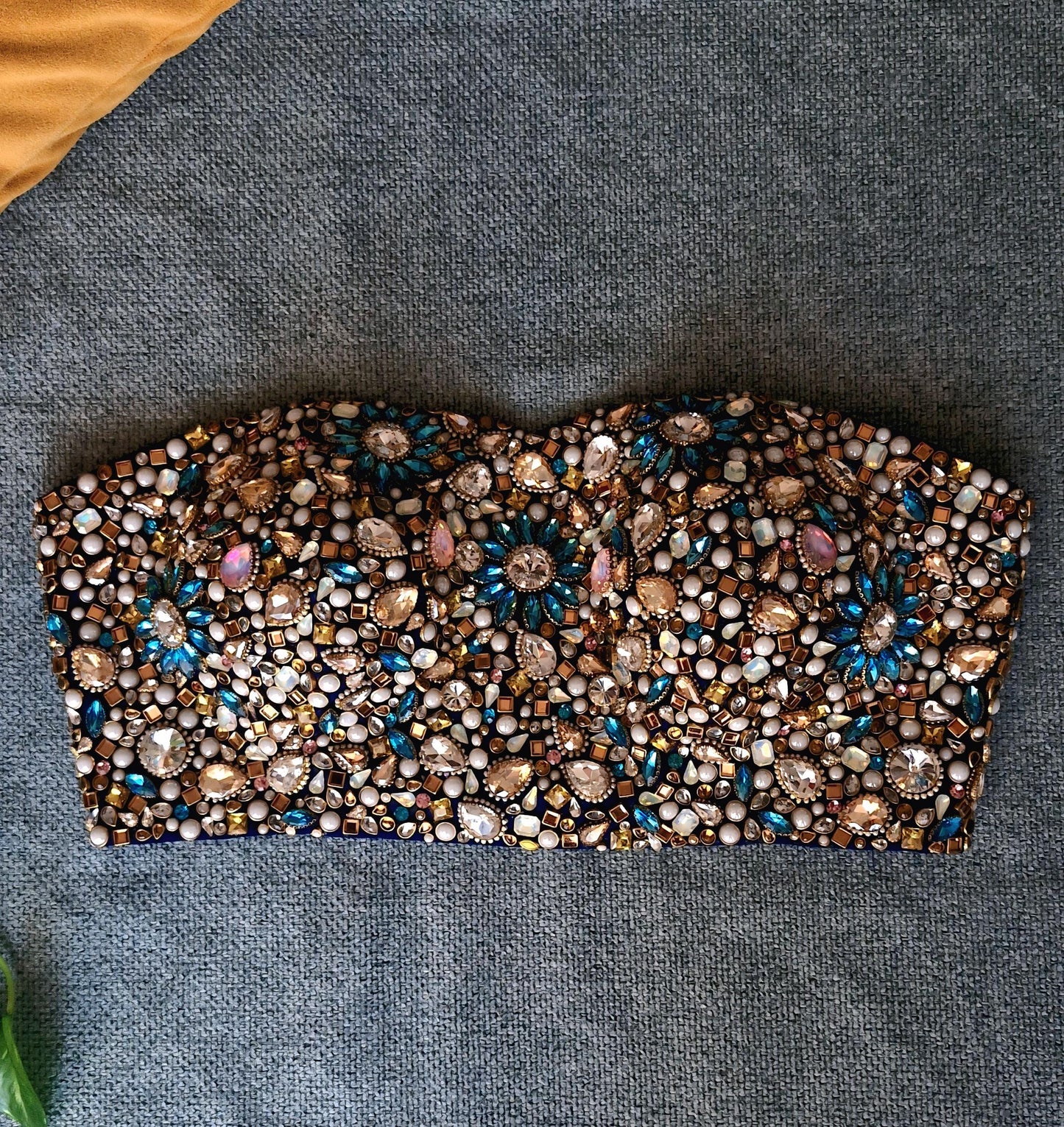 Hand Embroidered Bejeweled Blue Blouse, Kundan Embellished, Strapless Bralette