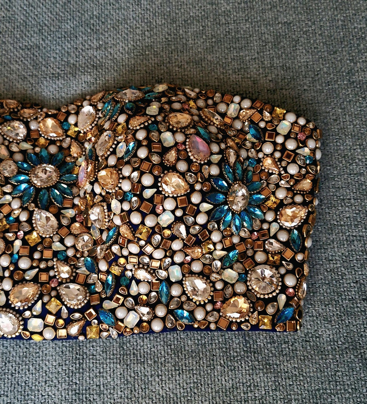 Hand Embroidered Bejeweled Blue Blouse, Kundan Embellished, Strapless Bralette