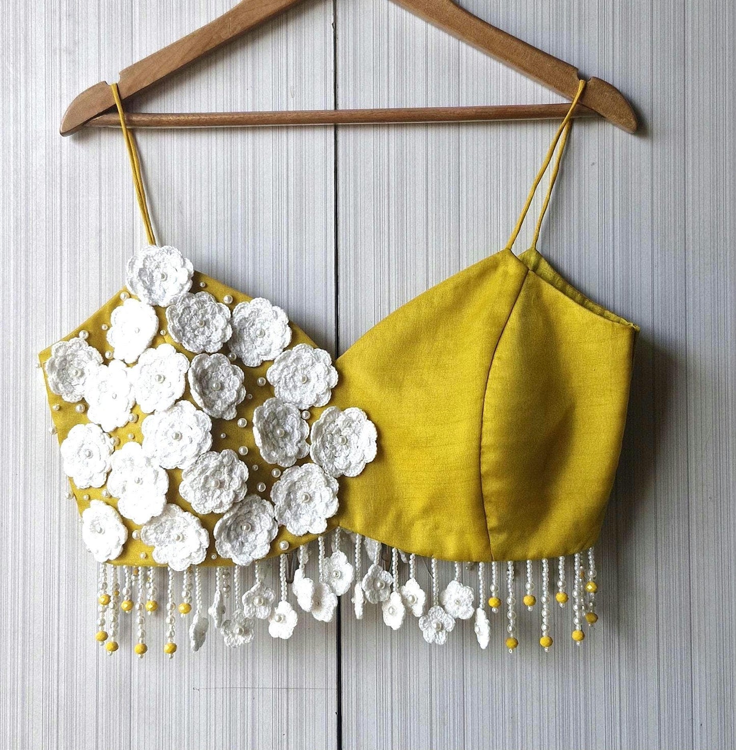 Mustard Embroidered Organza Blouse, Crotchet Flowers Fringes Spaghetti