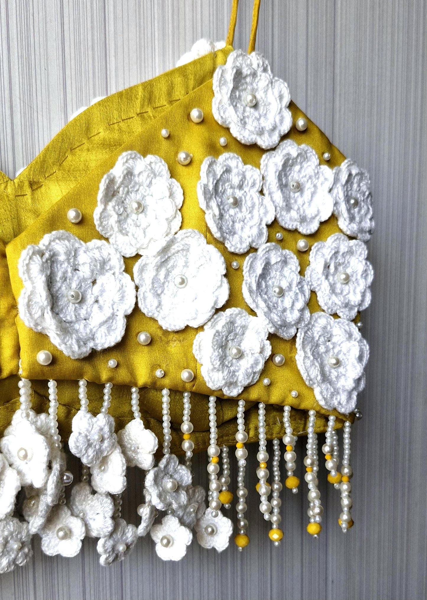 Mustard Embroidered Organza Blouse, Crotchet Flowers Fringes Spaghetti