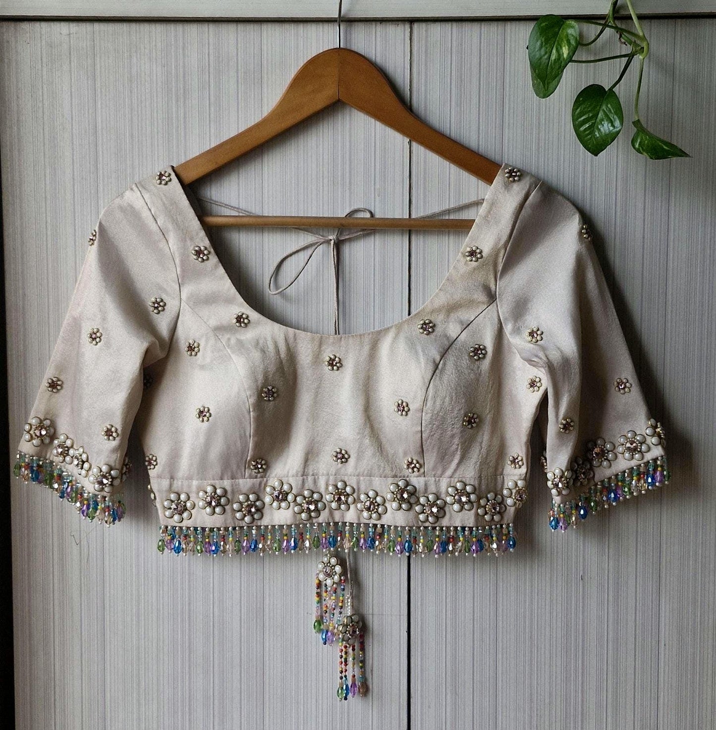 Hand Embroidered Ivory Bejeweled Blouse, Kundan and Beads Embellished, Elbow Sleeves