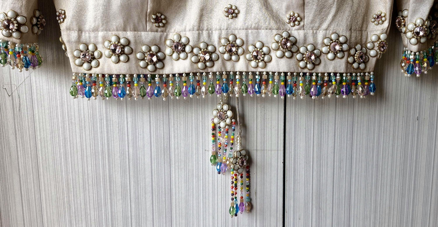 Hand Embroidered Ivory Bejeweled Blouse, Kundan and Beads Embellished, Elbow Sleeves