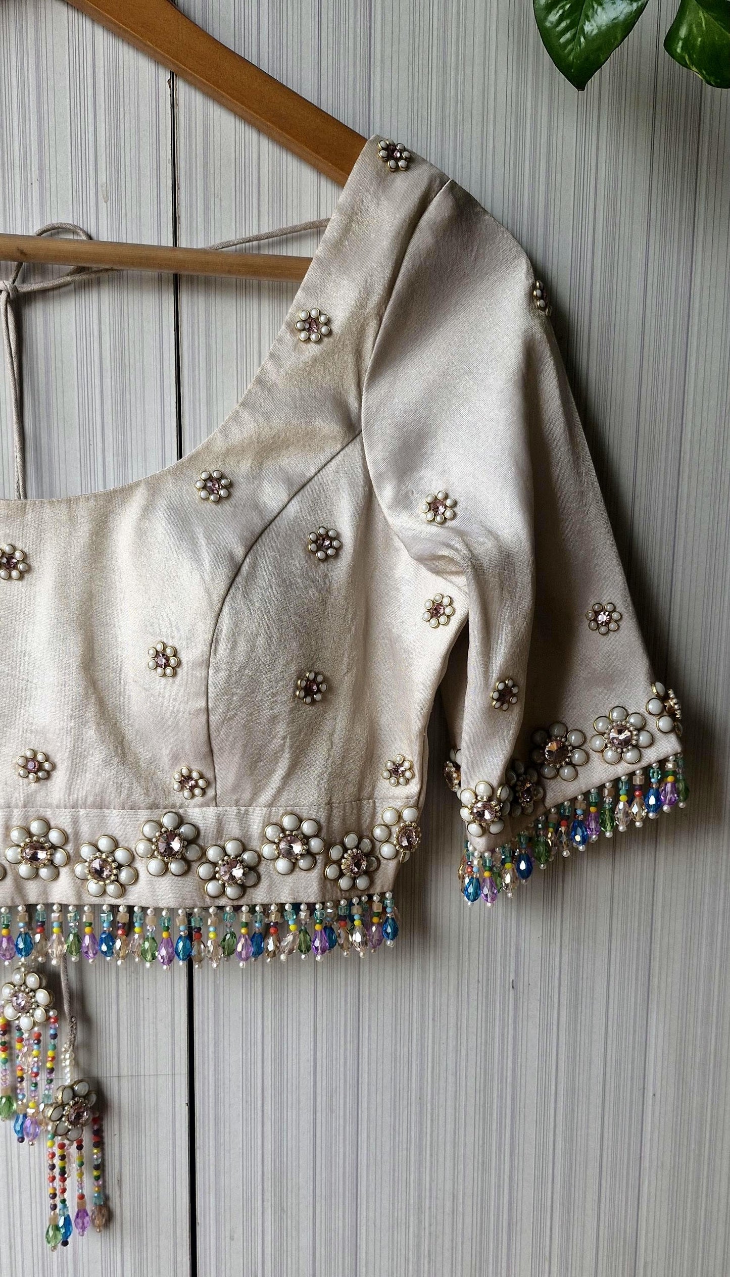 Hand Embroidered Ivory Bejeweled Blouse, Kundan and Beads Embellished, Elbow Sleeves