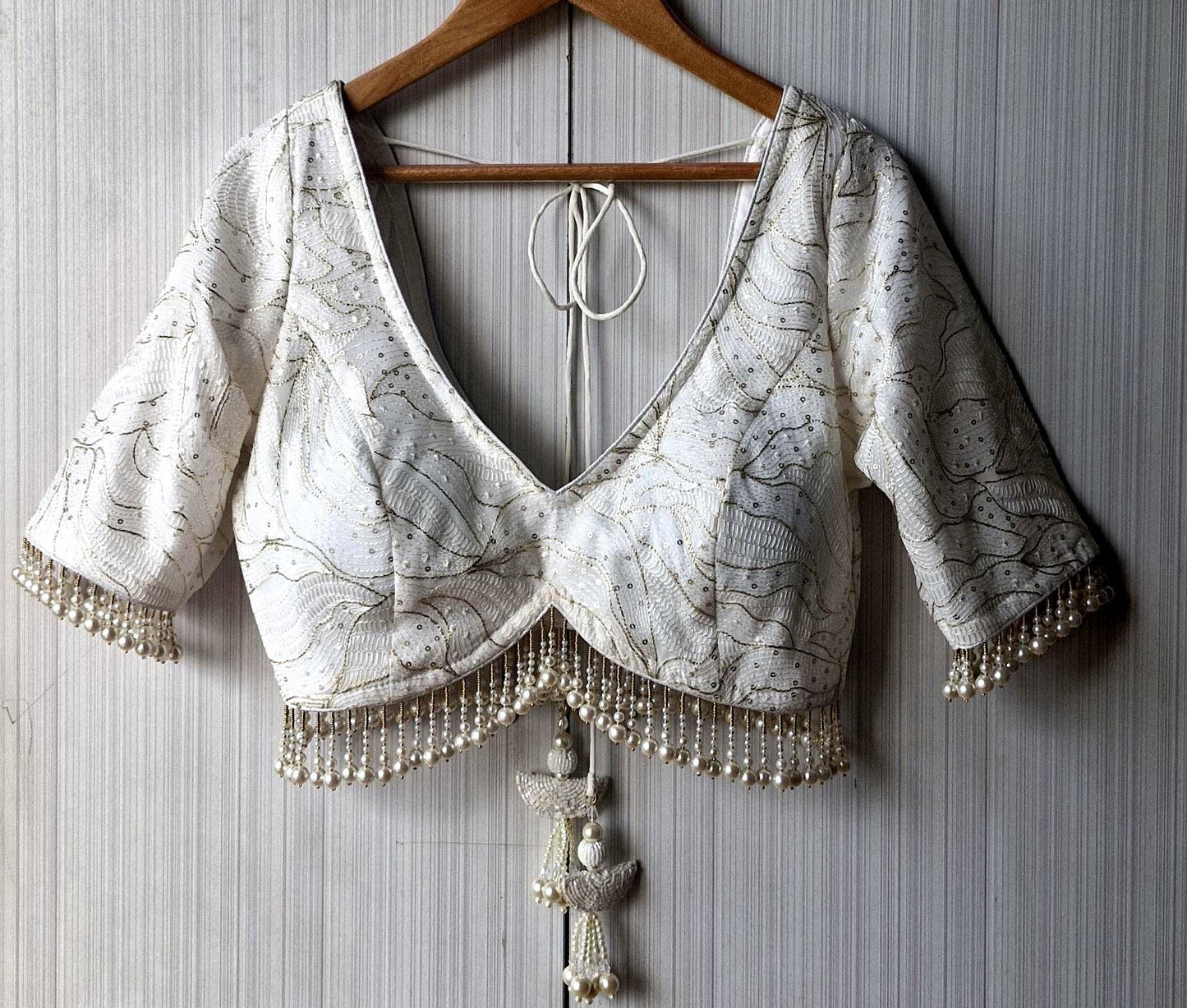 Ivory Embroidered Georgette Blouse, Pearls Fringes, Elbow Sleeves