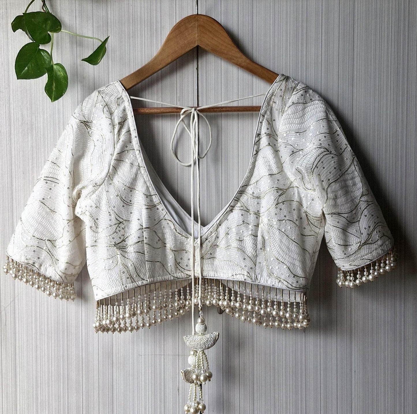 Ivory Embroidered Georgette Blouse, Pearls Fringes, Elbow Sleeves