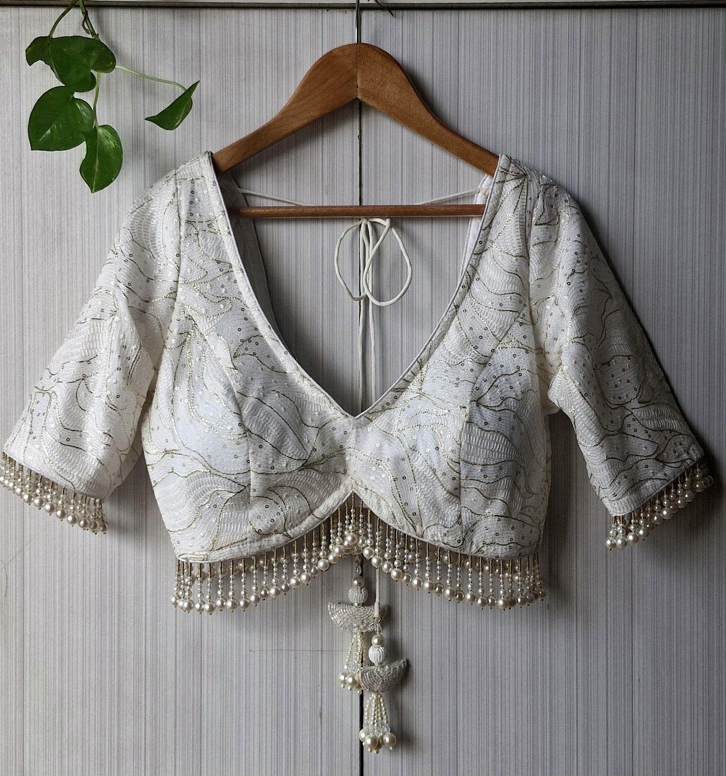 Ivory Embroidered Georgette Blouse, Pearls Fringes, Elbow Sleeves