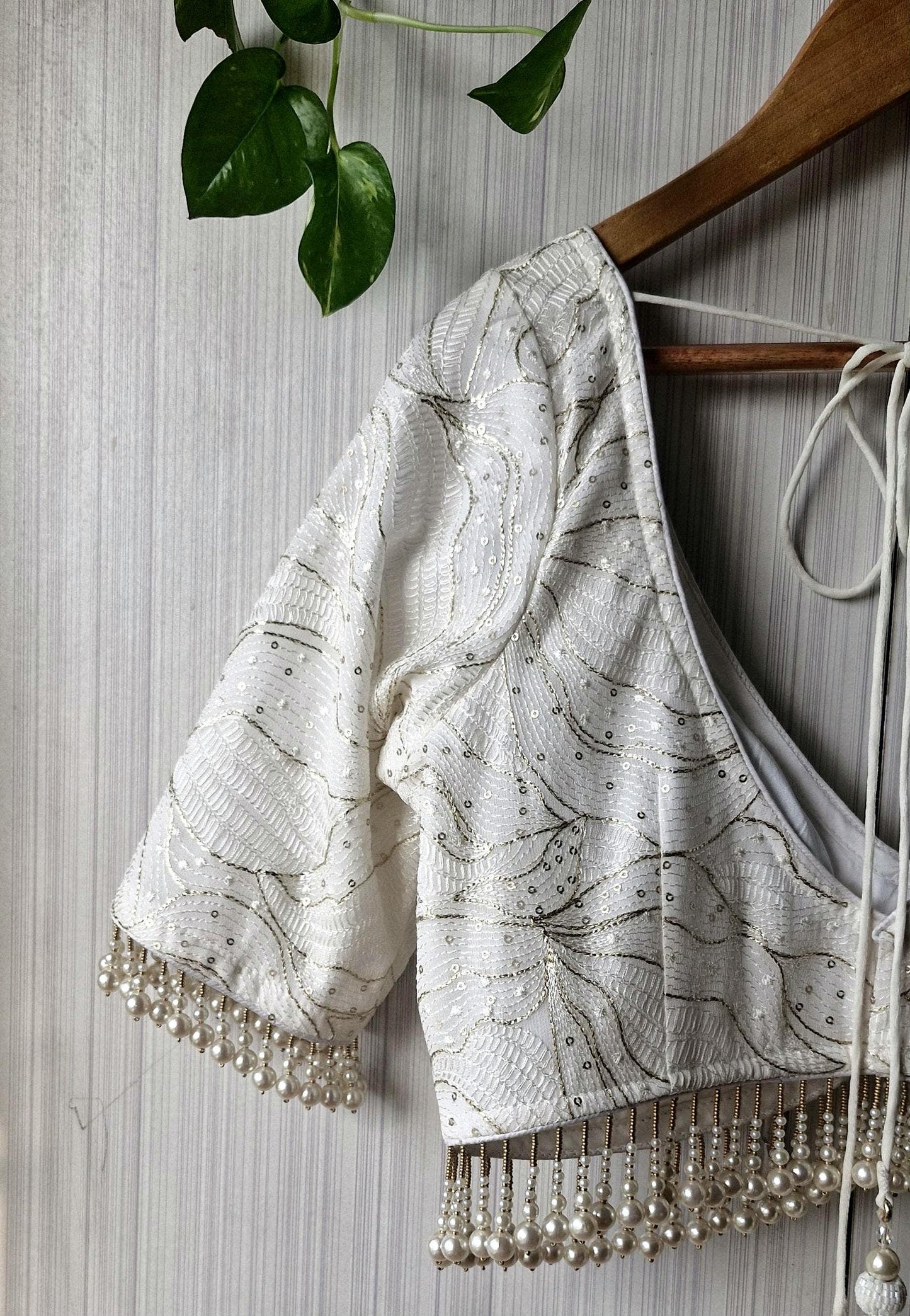 Ivory Embroidered Georgette Blouse, Pearls Fringes, Elbow Sleeves