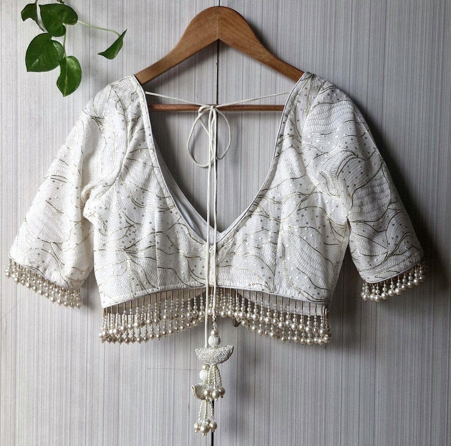 Ivory Embroidered Georgette Blouse, Pearls Fringes, Elbow Sleeves