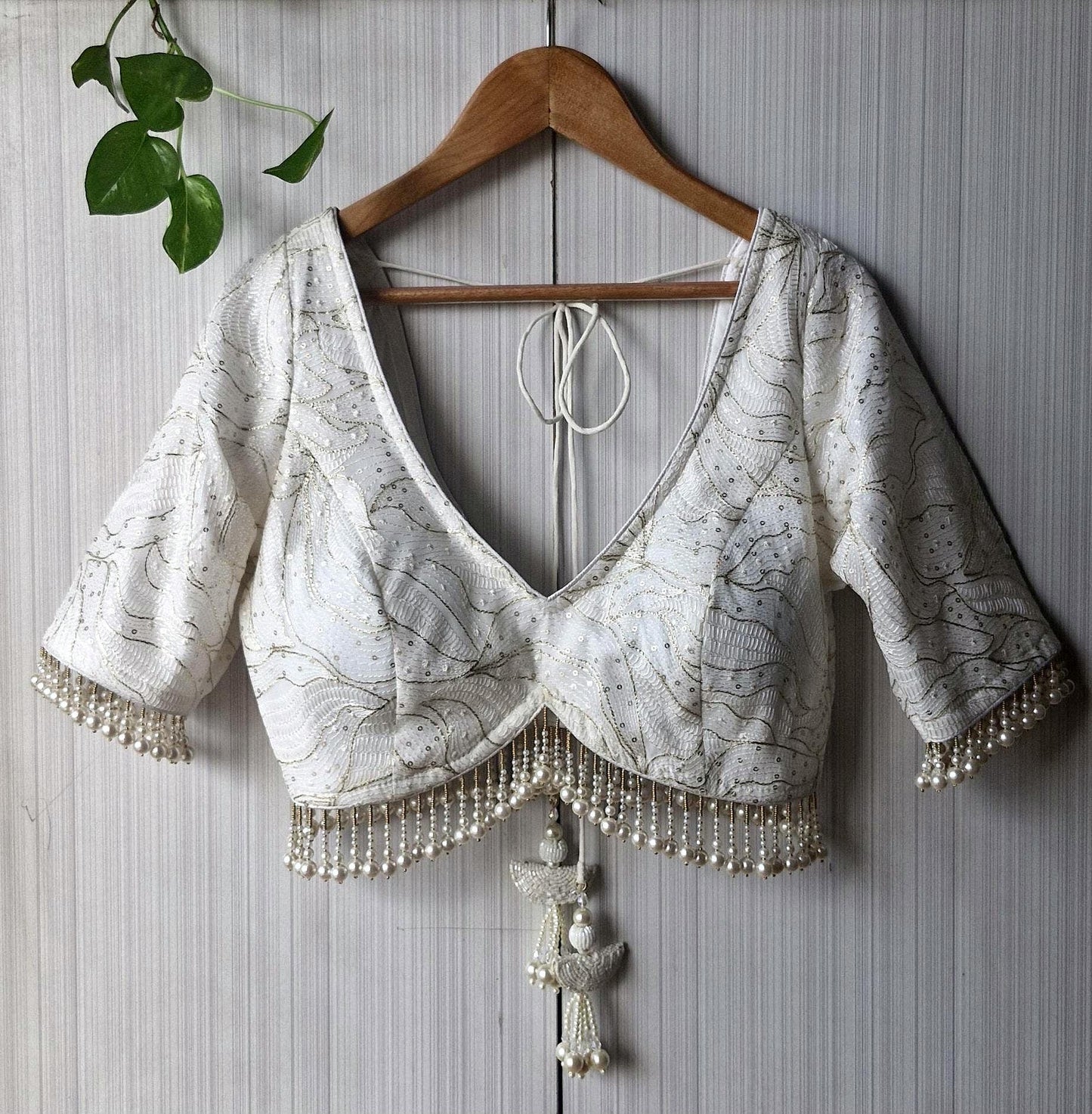 Ivory Embroidered Georgette Blouse, Pearls Fringes, Elbow Sleeves