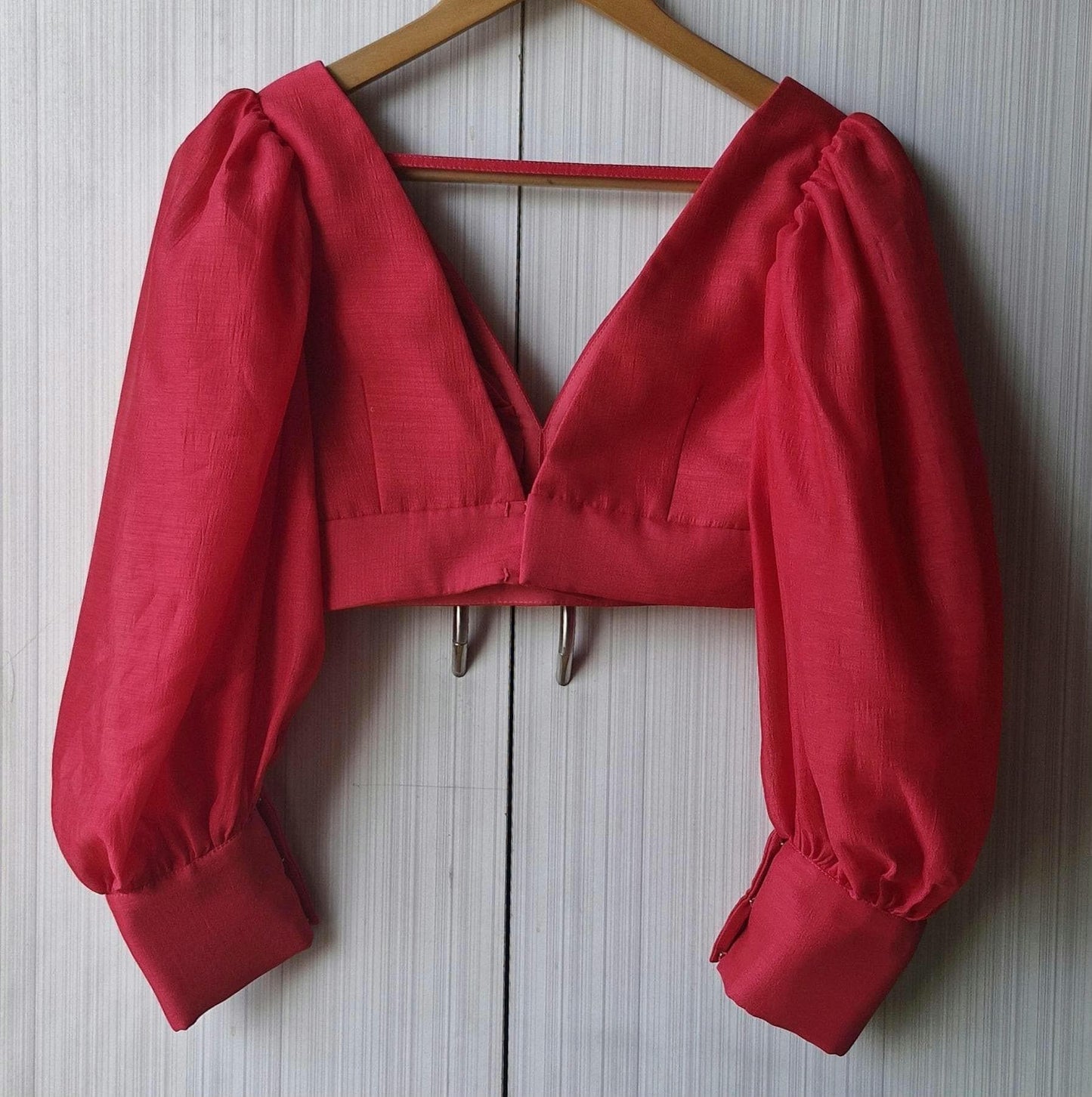 Raspberry Pink Art Silk Blouse, Balloon Sleeves V Neck