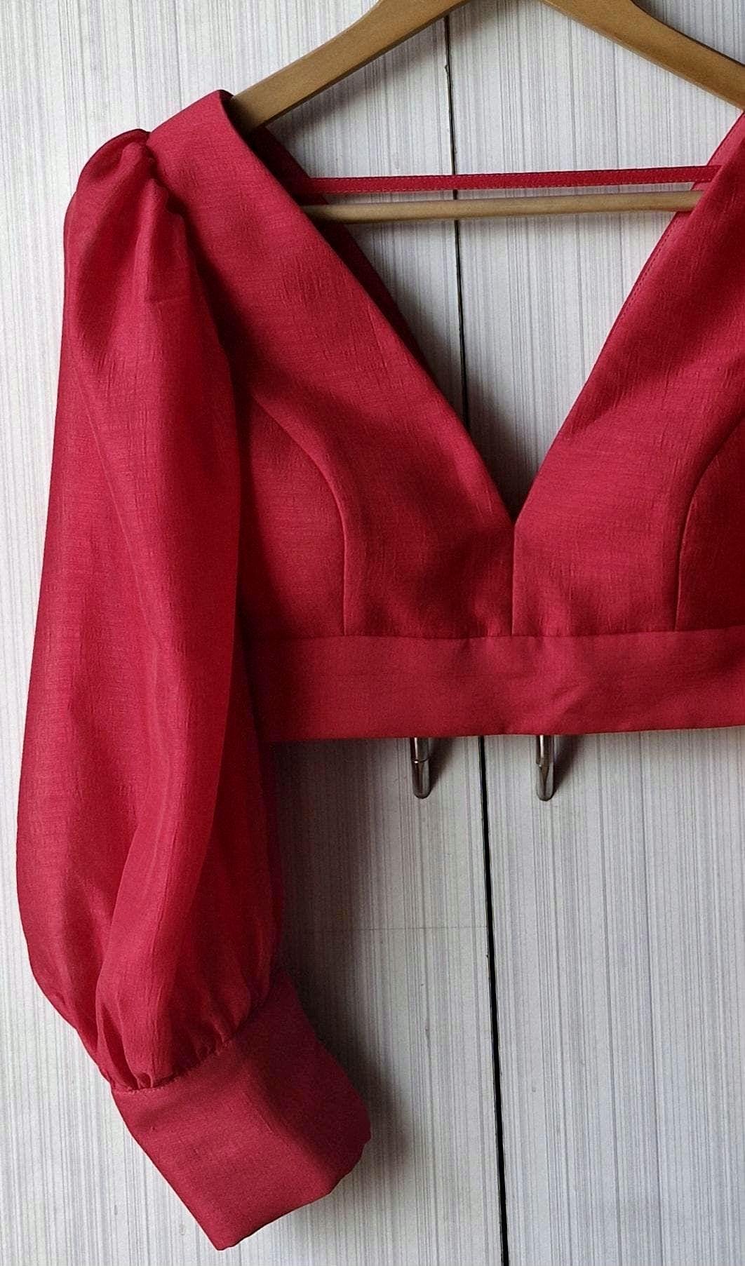 Raspberry Pink Art Silk Blouse, Balloon Sleeves V Neck