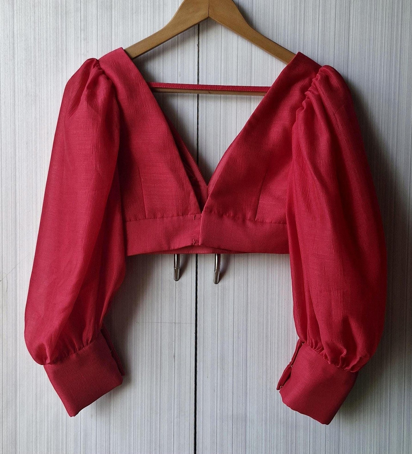 Raspberry Pink Art Silk Blouse, Balloon Sleeves V Neck