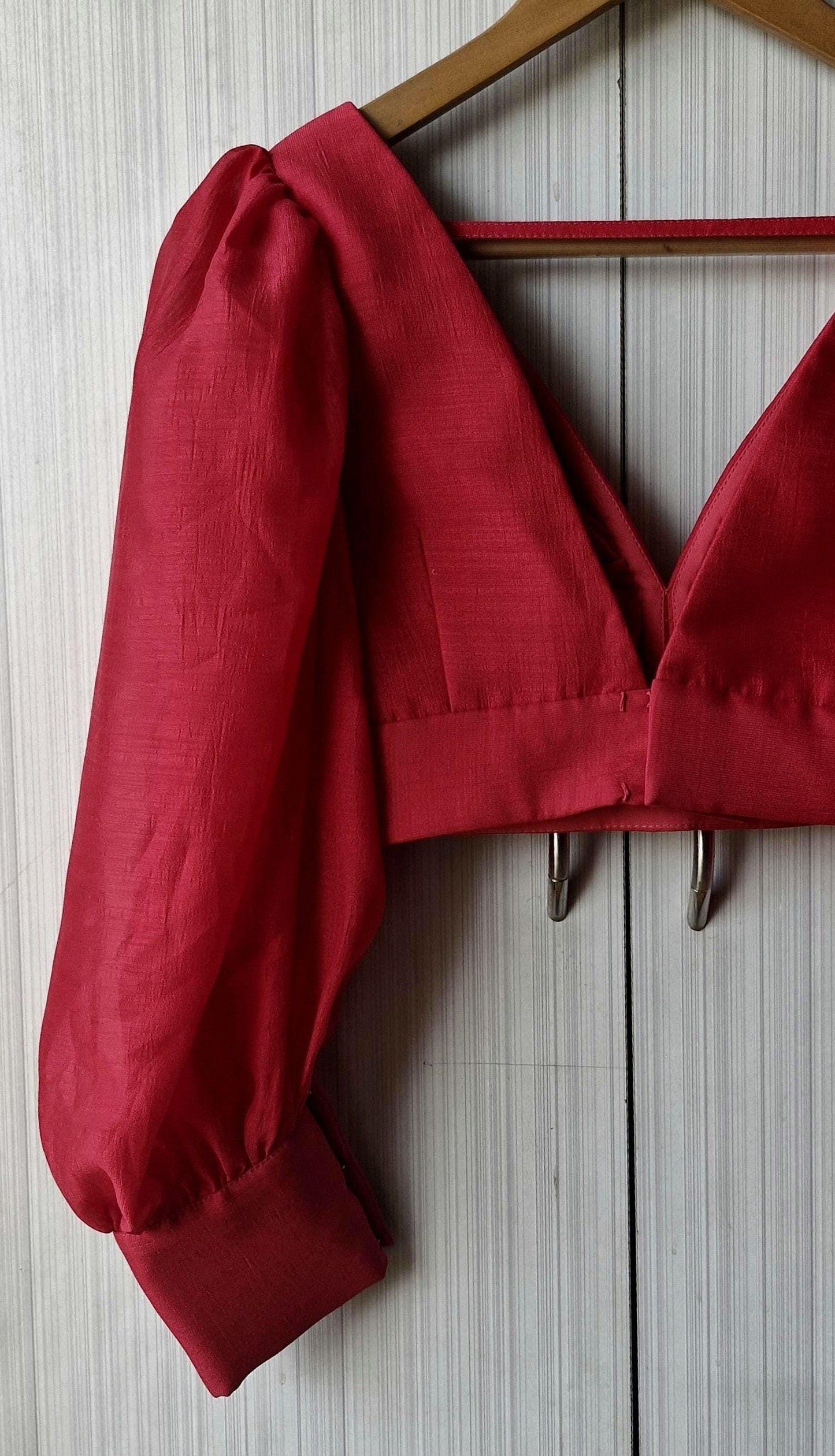 Raspberry Pink Art Silk Blouse, Balloon Sleeves V Neck