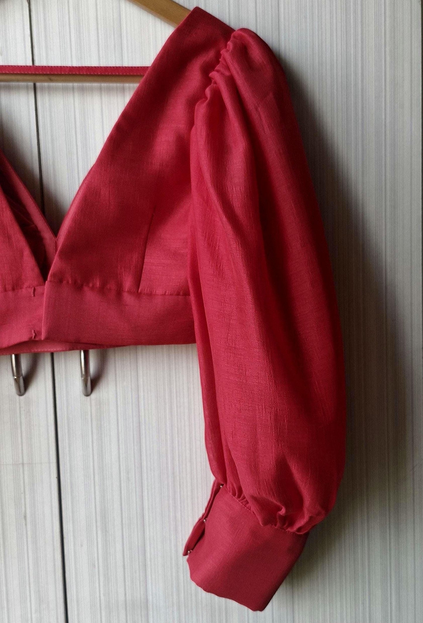 Raspberry Pink Art Silk Blouse, Balloon Sleeves V Neck