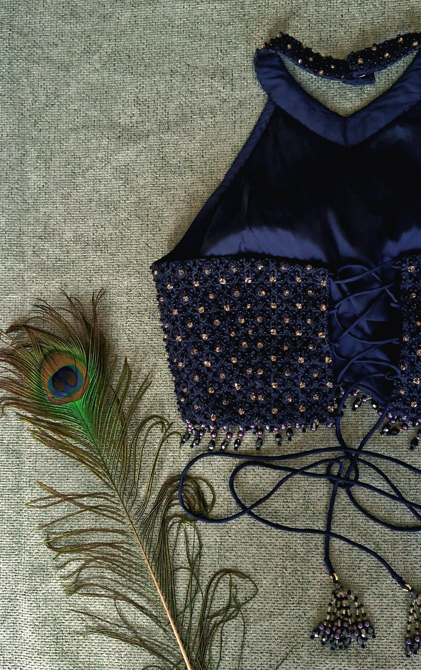 Navy Blue Hand Embroidered Georgette Blouse, Beads Embellished, Halter