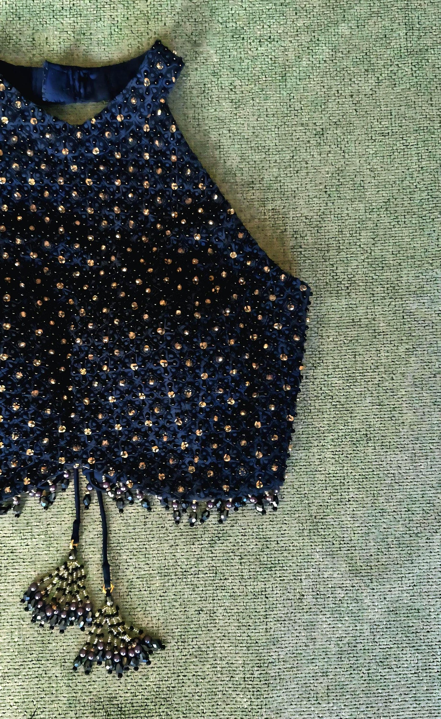 Navy Blue Hand Embroidered Georgette Blouse, Beads Embellished, Halter
