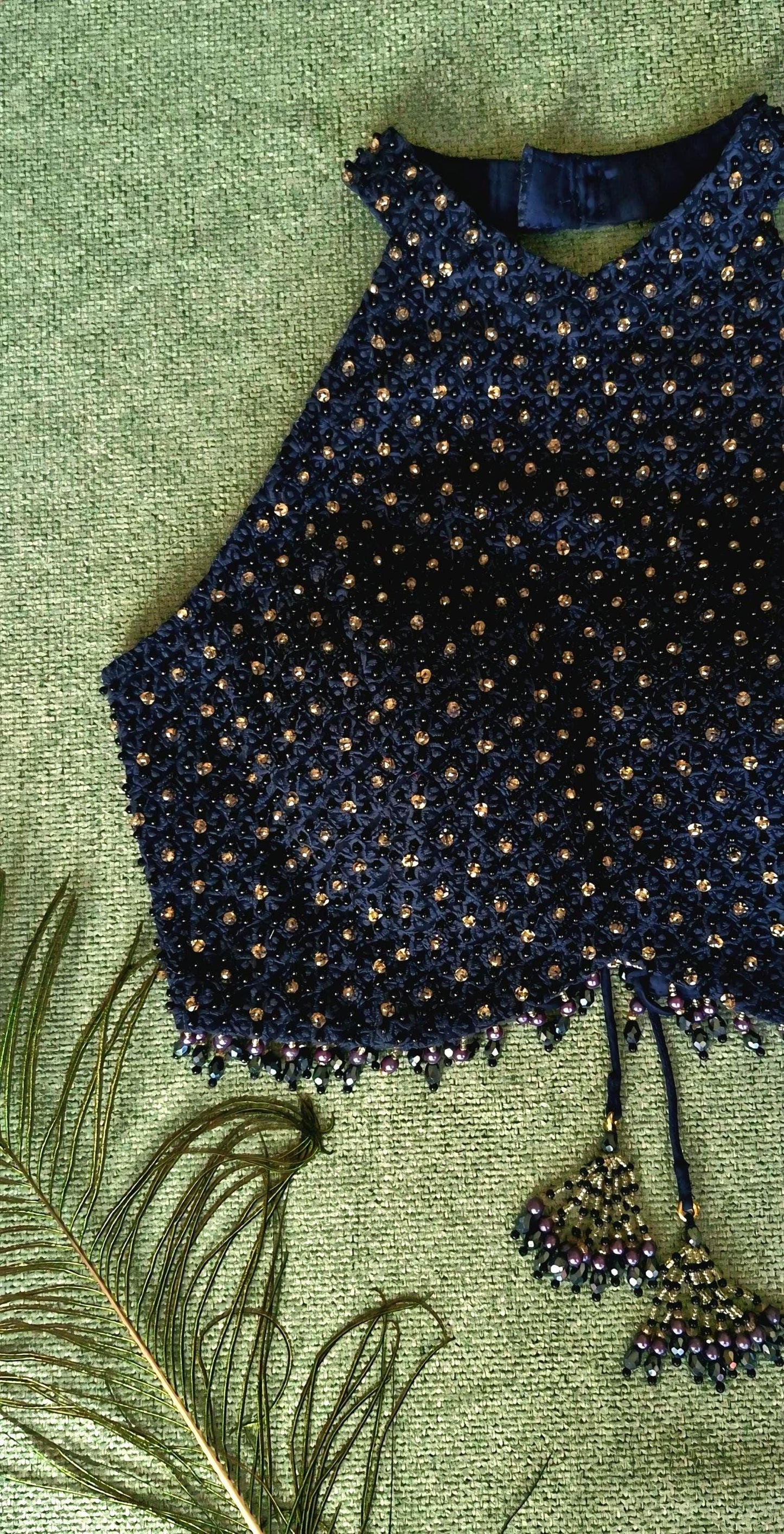 Navy Blue Hand Embroidered Georgette Blouse, Beads Embellished, Halter