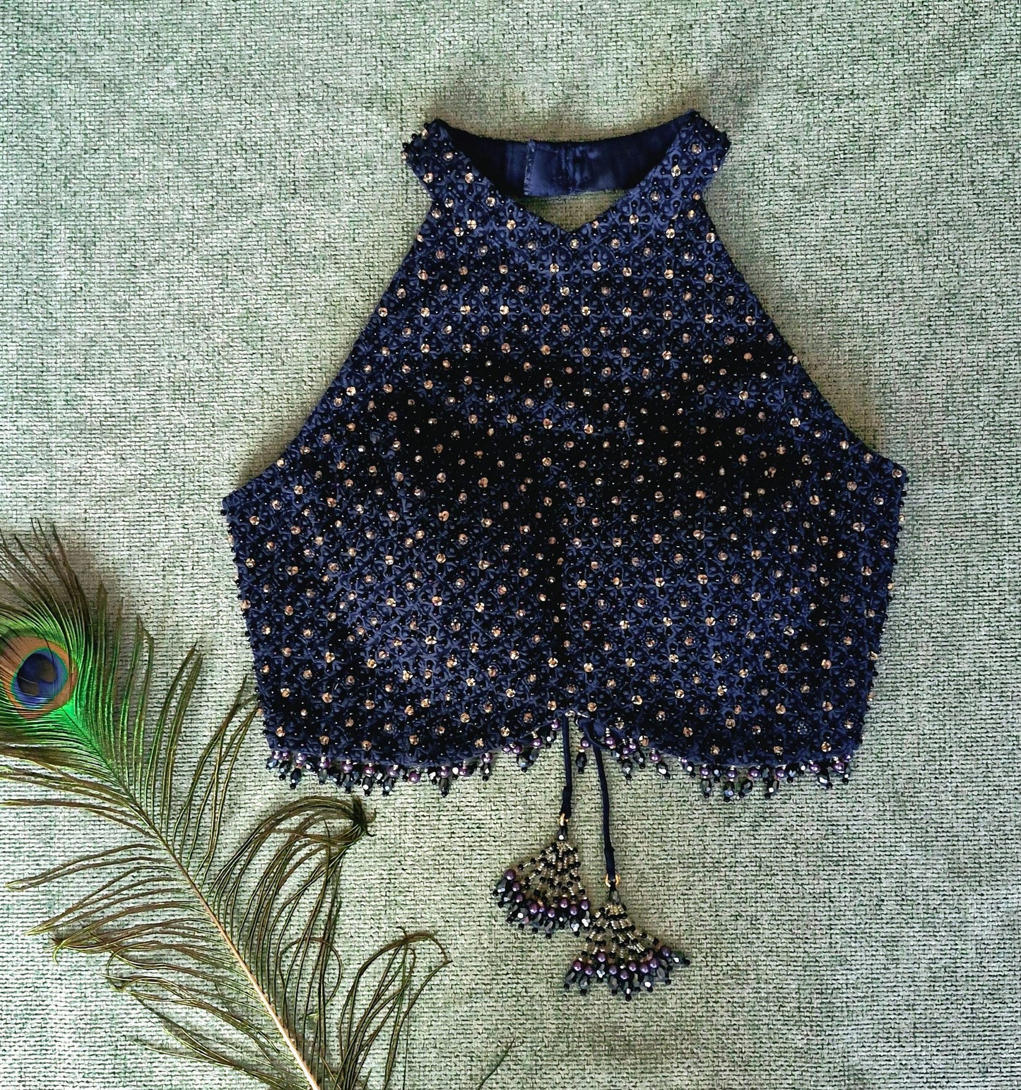 Navy Blue Hand Embroidered Georgette Blouse, Beads Embellished, Halter