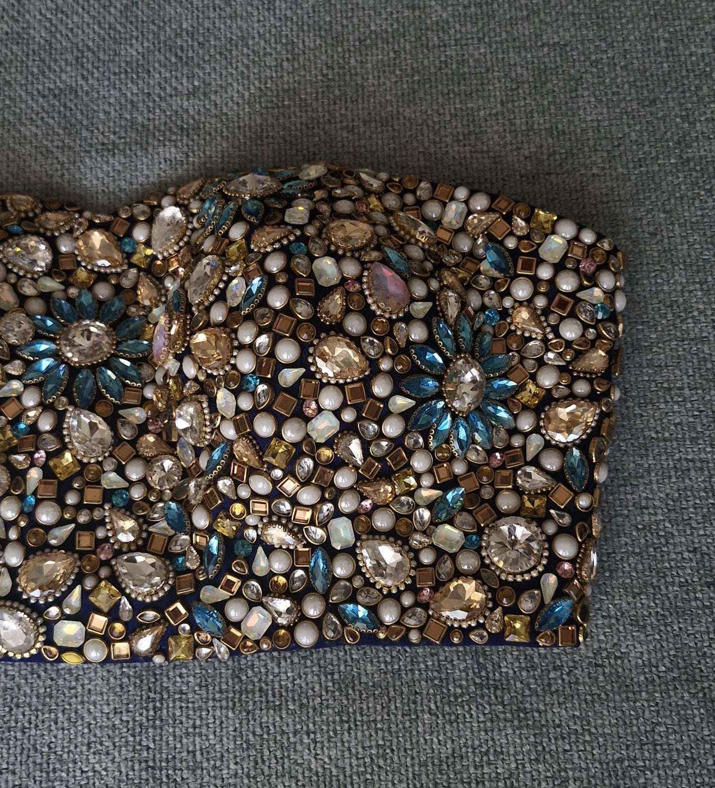 Hand Embroidered Bejeweled Blue Blouse, Kundan Embellished, Strapless Bralette