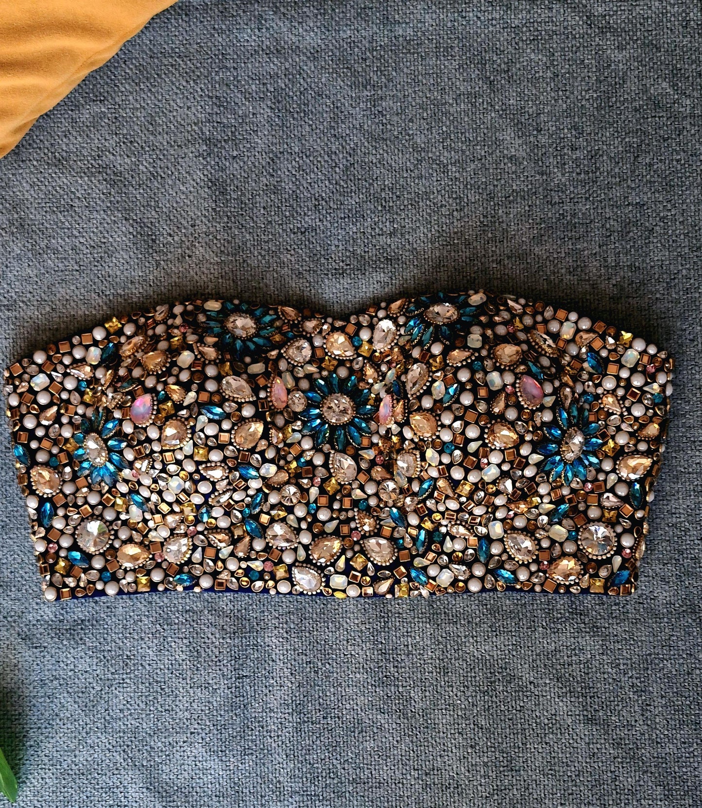 Hand Embroidered Bejeweled Blue Blouse, Kundan Embellished, Strapless Bralette